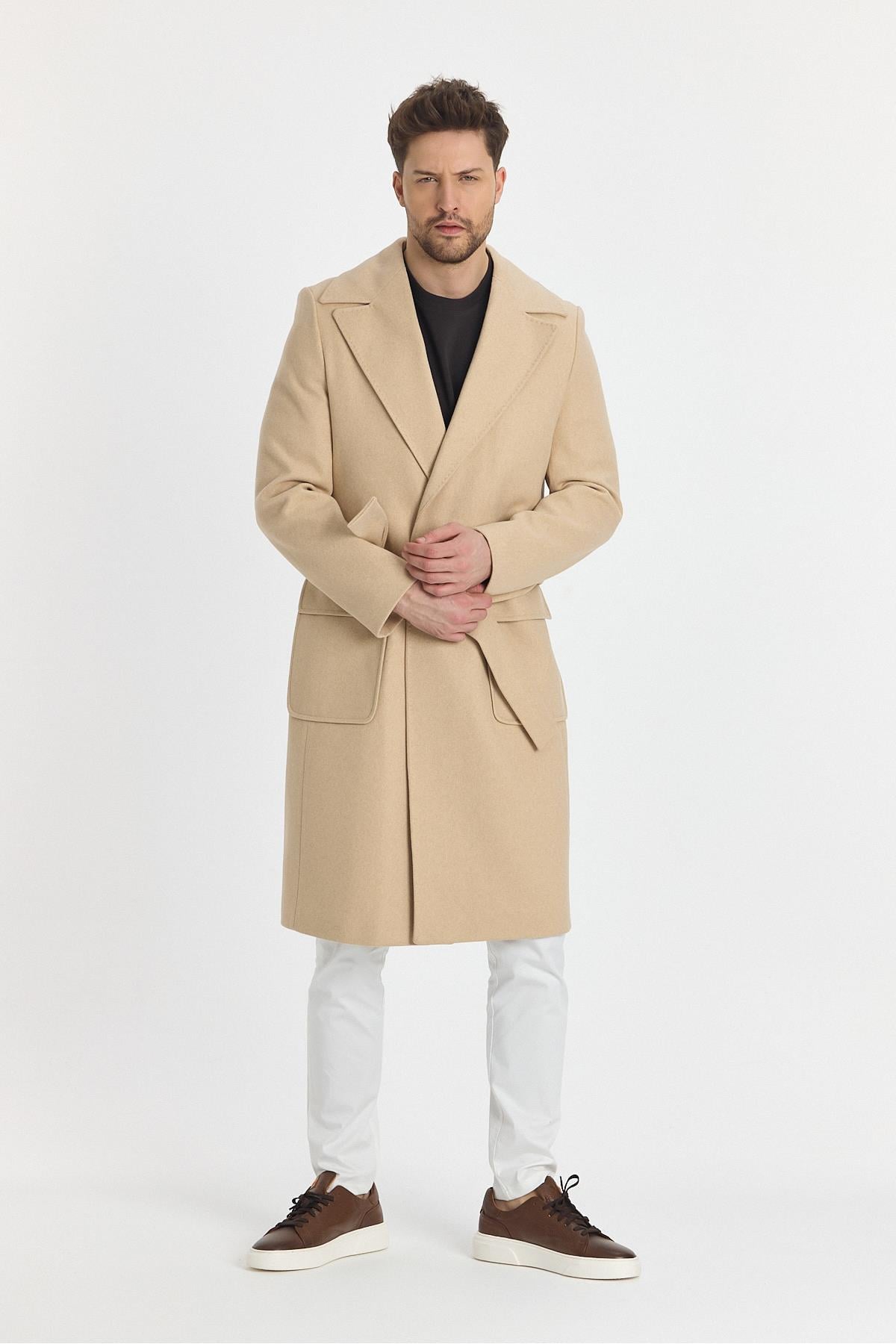Grande Erkek Krem Oversize Kalıp Beli Kendinden Kemerli Uzun Kaşe Palto