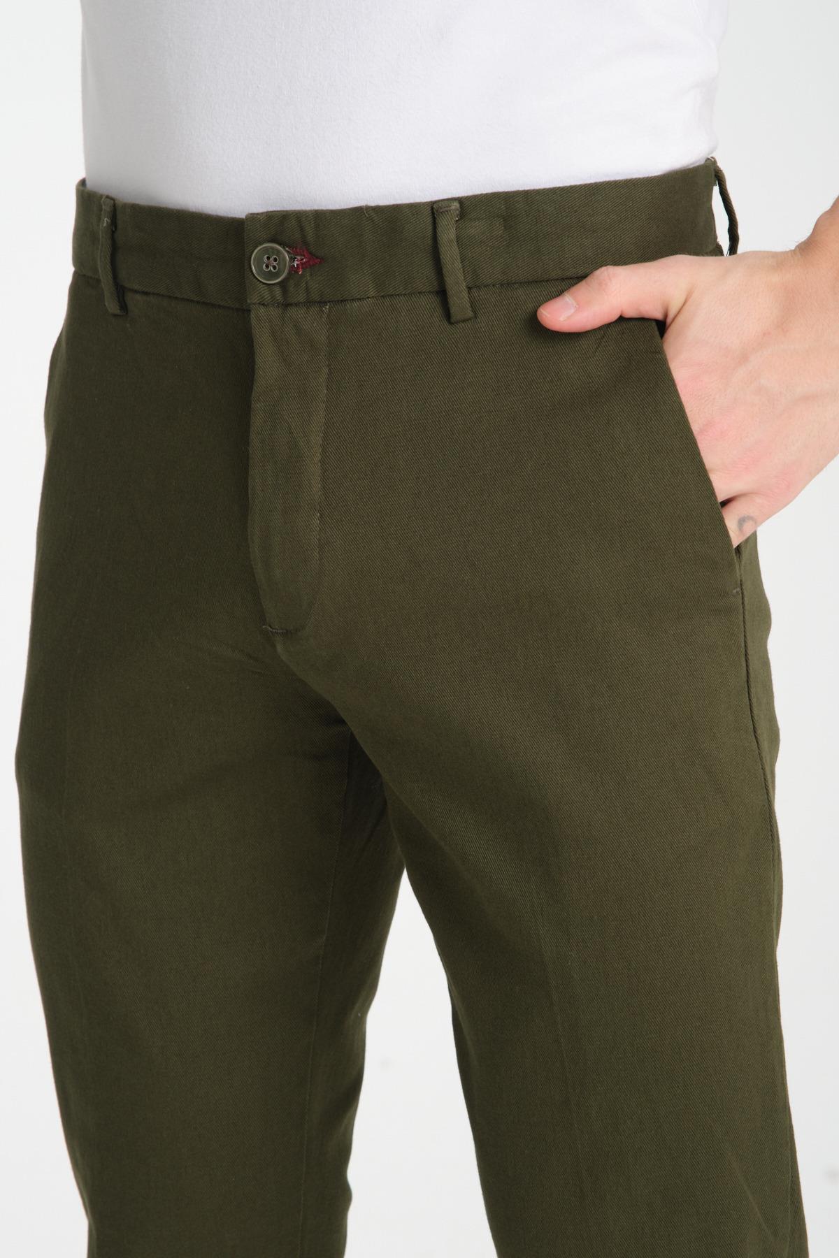 Haki Kalın Düz Erkek Yandan Cepli Klasik Bel Slim Fit Chino Pantolon