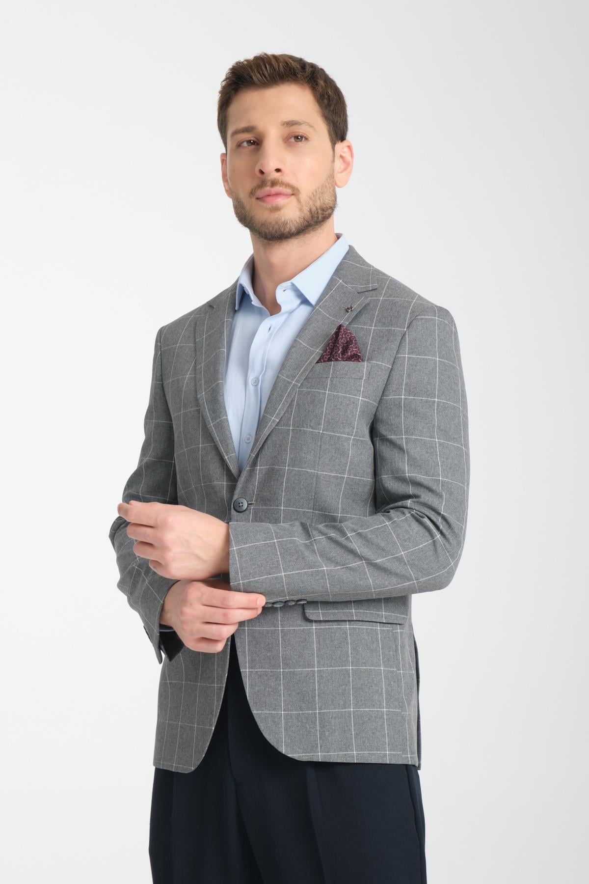 İnce Ekose Desenli Spor Erkek Blazer Mono Yaka Tam Astar Ceket
