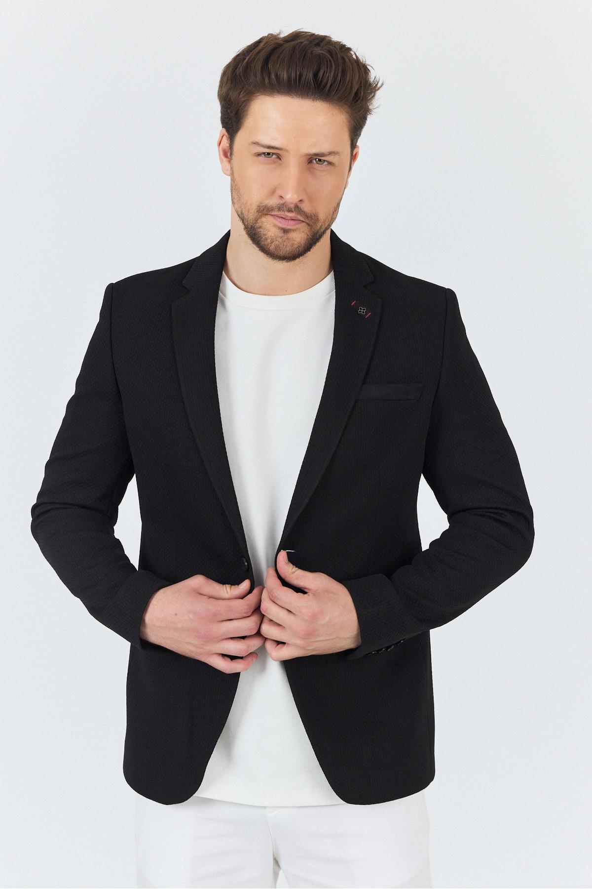 İtolo Erkek Siyah Likralı Esnek Kumaşlı Slim Fit Spor Blazer Ceket