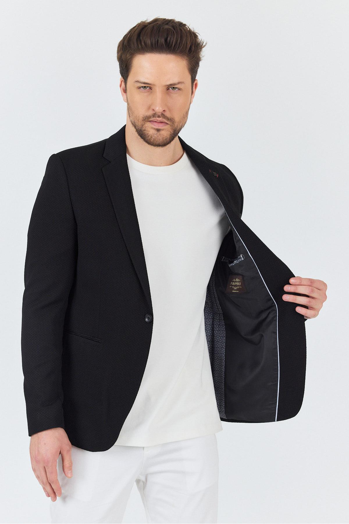 İtolo Erkek Siyah Likralı Esnek Kumaşlı Slim Fit Spor Blazer Ceket