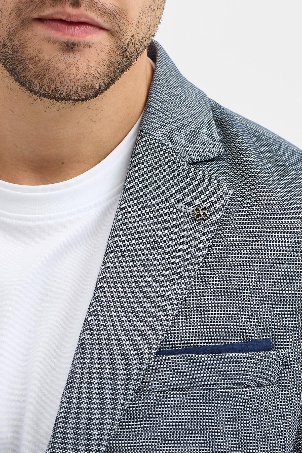 Jafet Erkek Koyu Lacivert Poliviskon Kumaşlı Esneyen Slim Fit Spor Blazer Ceket