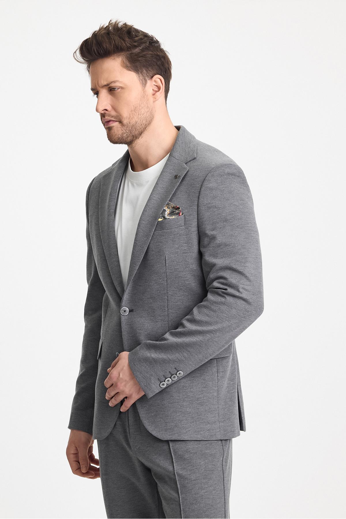 Jasino Erkek Gri Pamuklu Likralı Slim Fit Örme Esneyen Mono Yaka Blazer Ceket