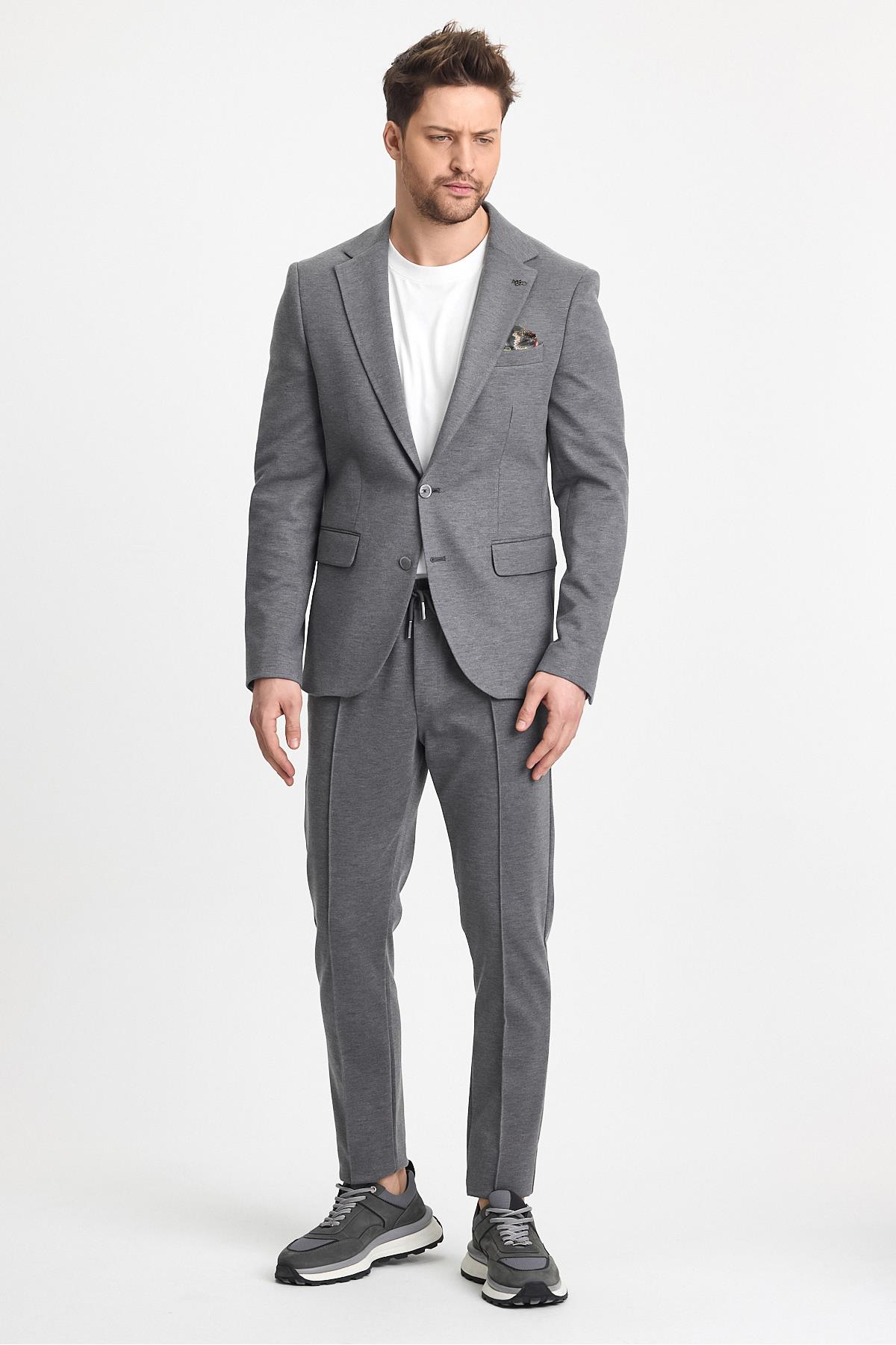 Jasino Erkek Light Grey Likralı Slim Fit Pamuk Karışımlı Esneyen 2'li Takım Elbise (ceket+pantolon)
