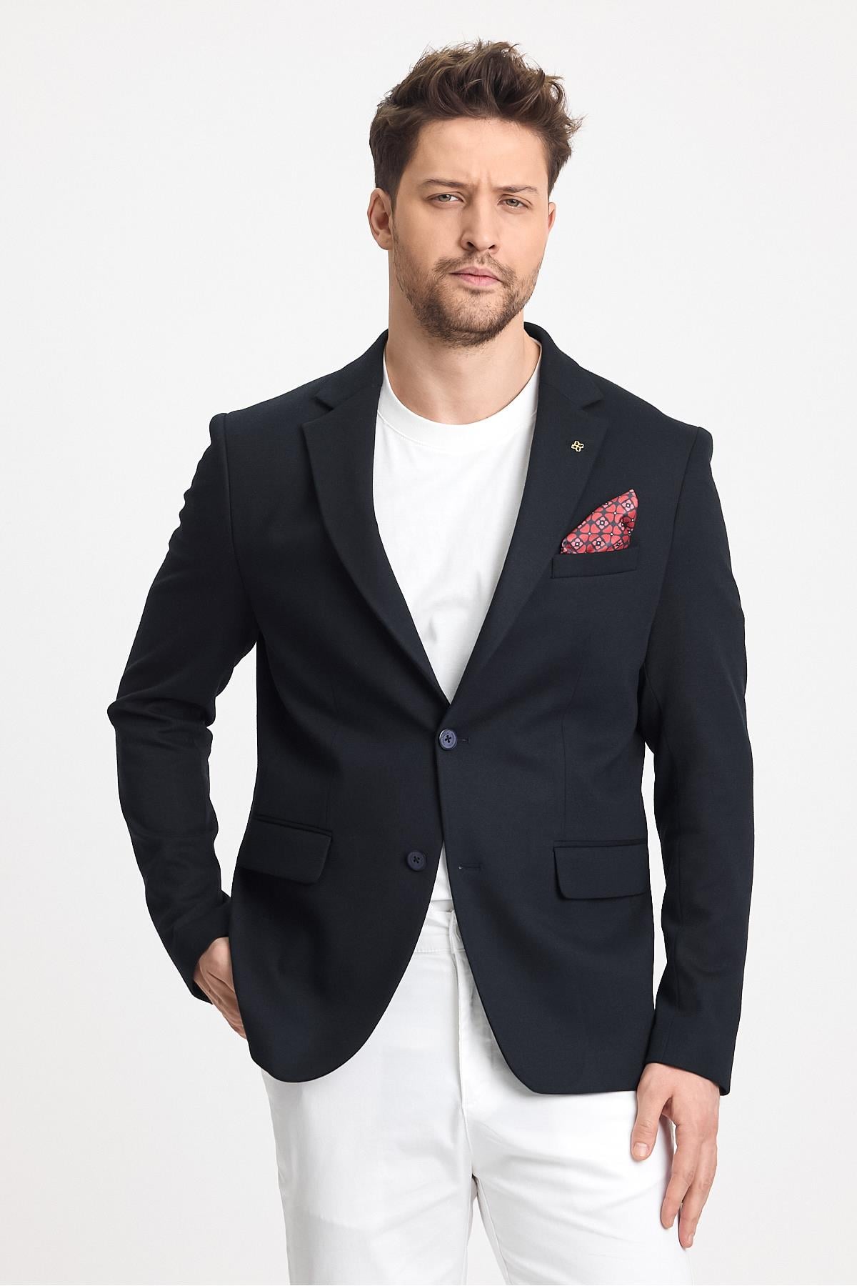 Jasinoo Erkek Battal Büyük Beden Lacivert Regular Fit Pamuk Karışımlı Likralı Blazer Ceket