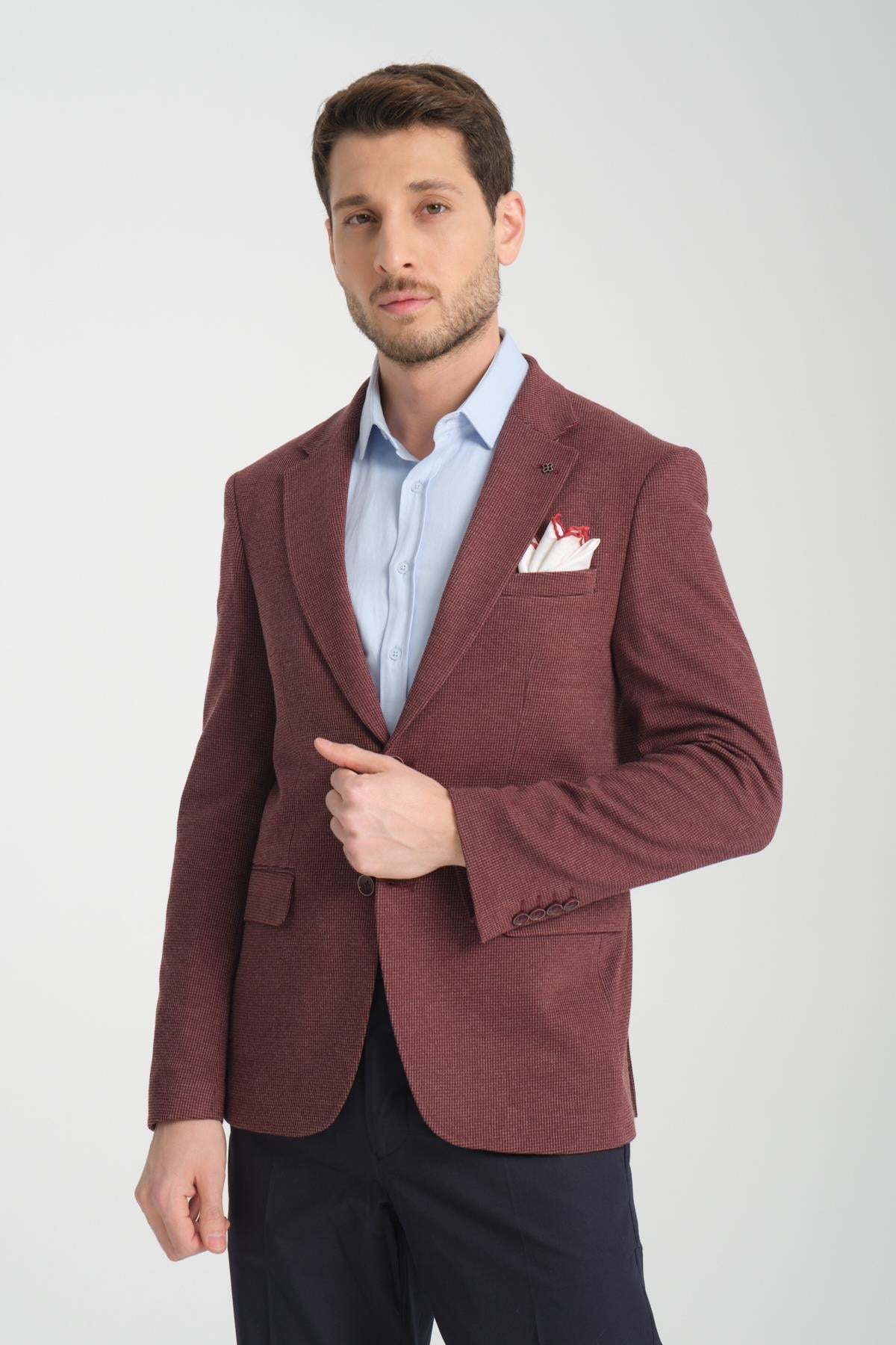 Jasto Erkek Bordo Kendinden Desenli Örme Kumaş Slim Fit Dar Kesim Blazer Ceket