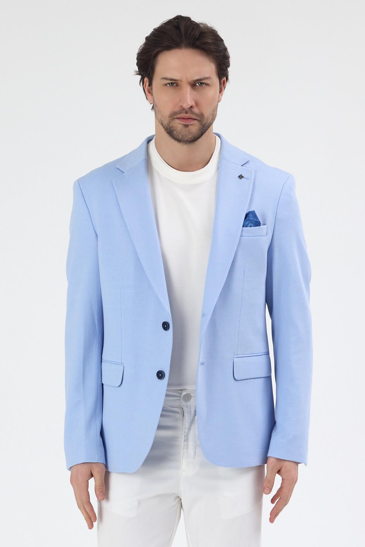 Jasto Erkek Buz Mavi Kendinden Desenli Örme Kumaş Slim Fit Dar Kesim Blazer Ceket