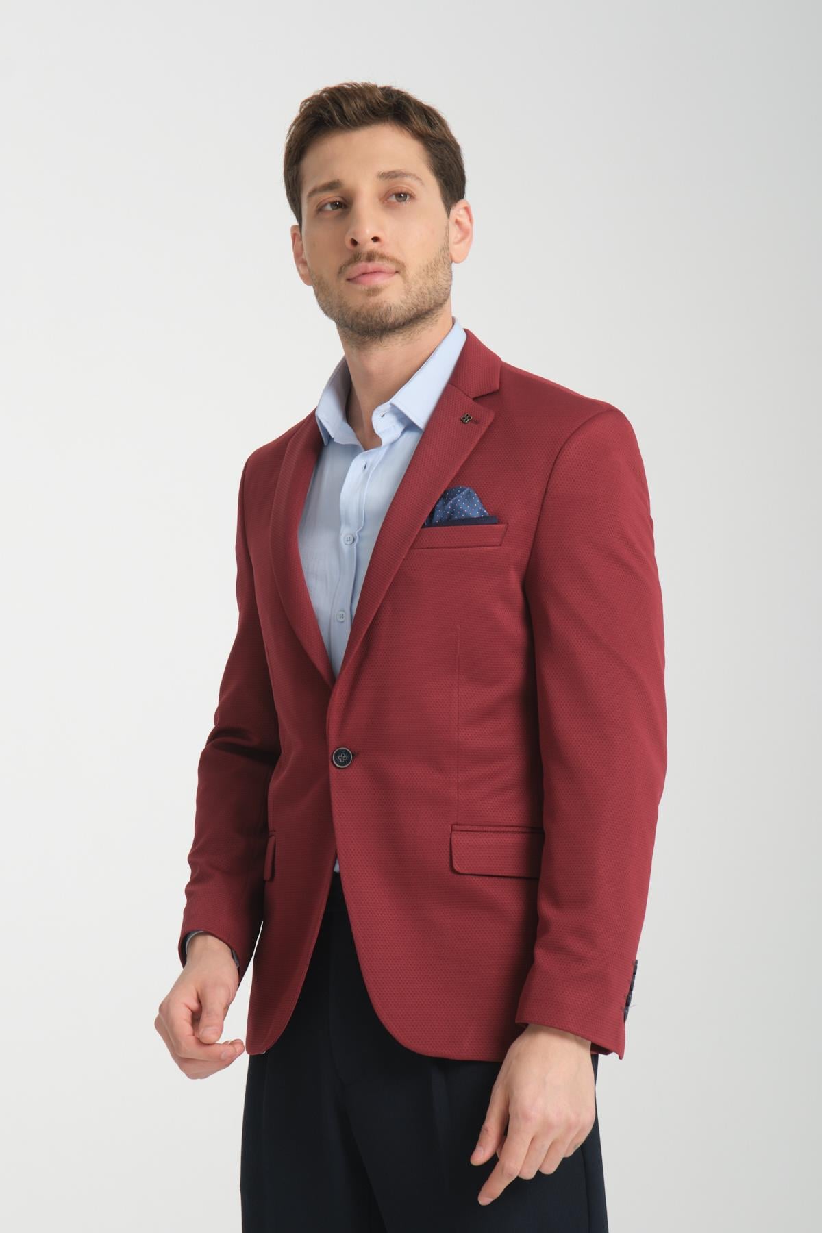 Joker Erkek Bordo Örme Esneyen Kumaş Slim Fit Mono Yaka Spor Blazer Ceket