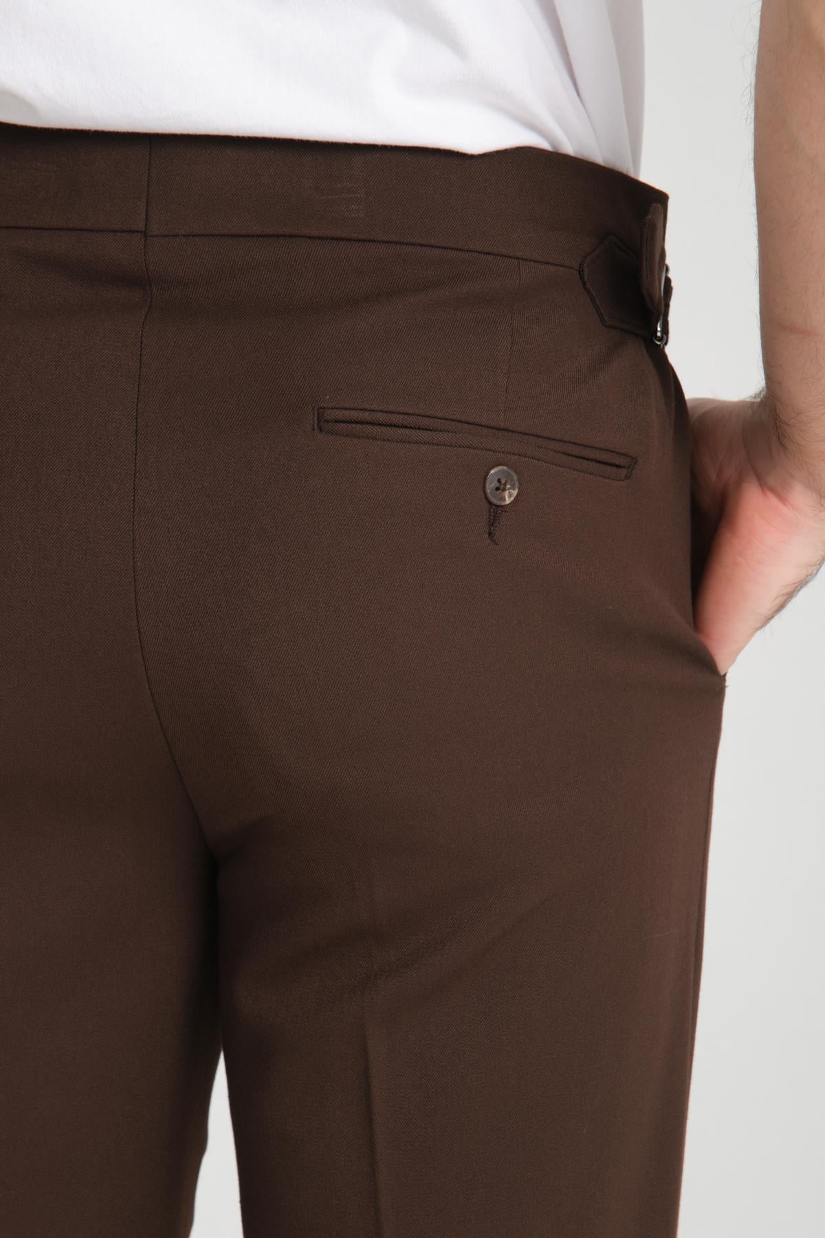 Kahve Pileli Erkek Kalın İtalyan Kesim Duble Paça Casual Pantolon