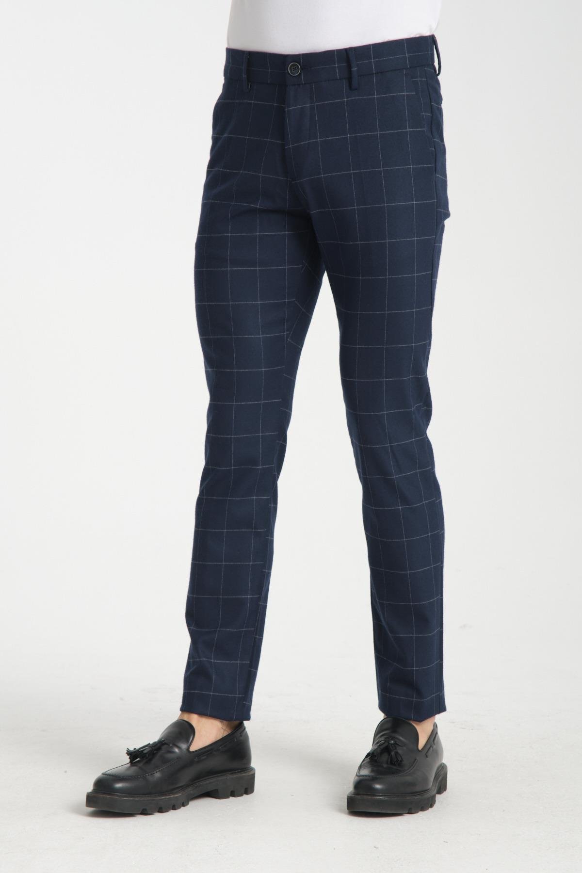 Kalın Ekose Desenli Erkek Yandan Cepli Klasik Bel Slim Fit Chino Pantolon