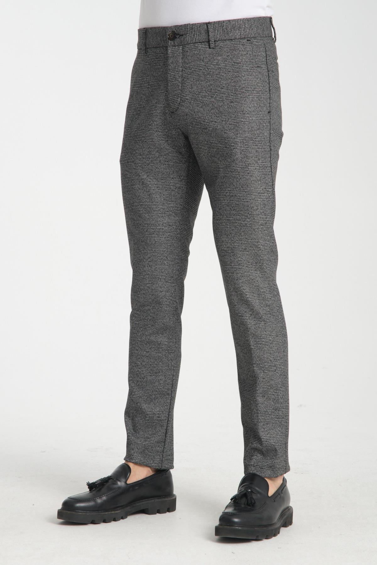 Kalın Ekose Desenli Erkek Yandan Cepli Klasik Bel Slim Fit Chino Pantolon