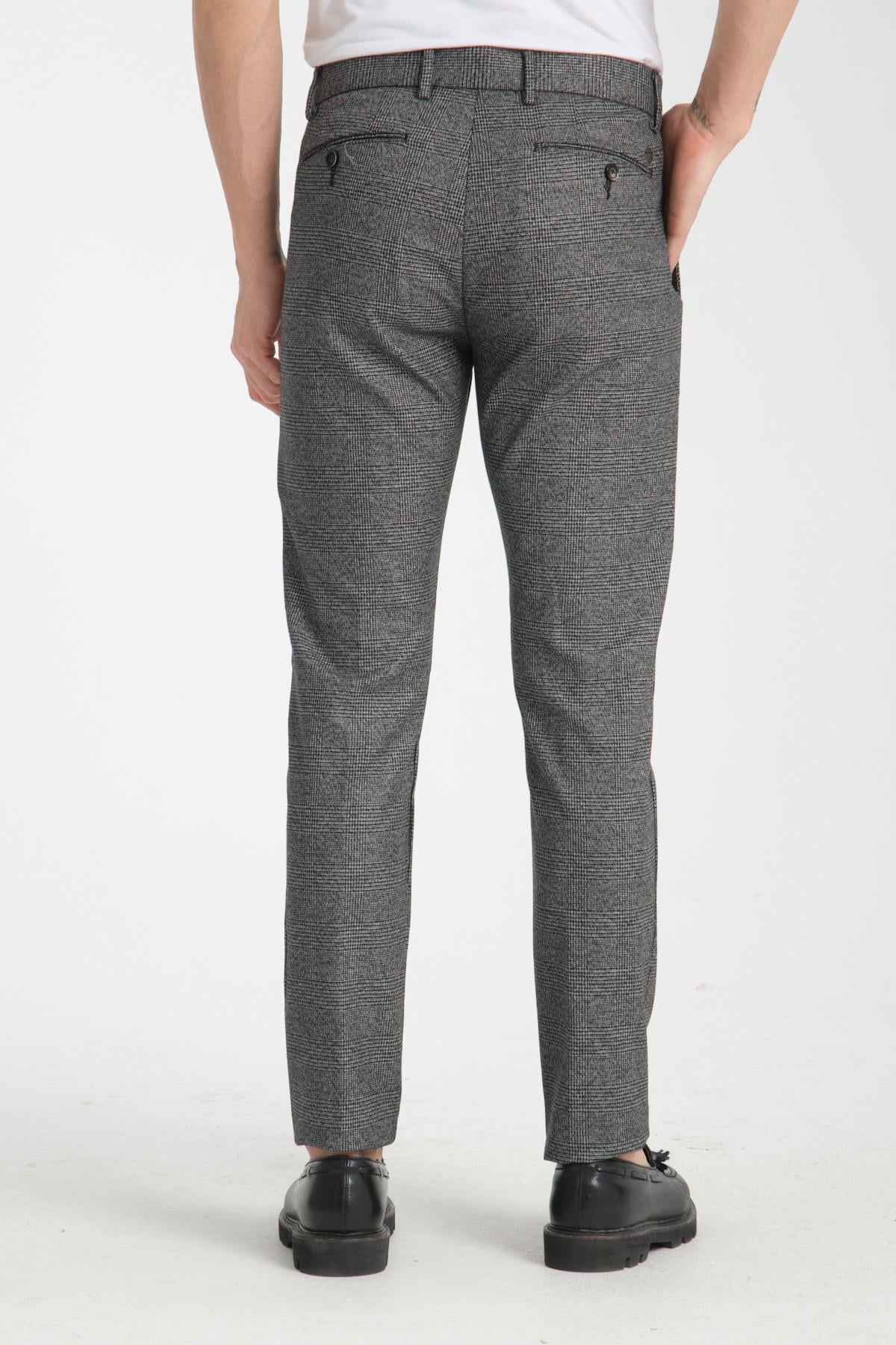 Kalın Ekose Desenli Erkek Yandan Cepli Klasik Bel Slim Fit Chino Pantolon