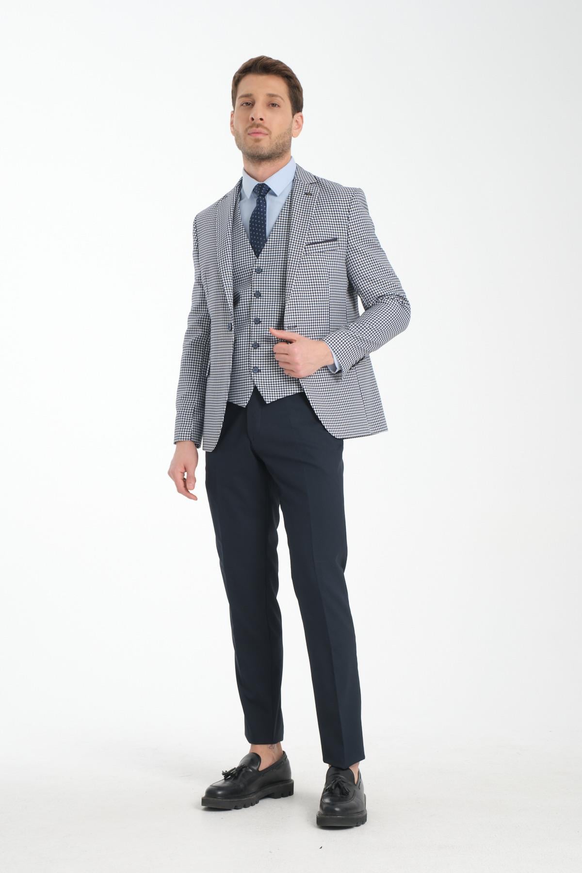 Kazayağı Slim Fit Desenli Mono Yaka Çift Yırtmaçlı Astarlı Takim Elbise