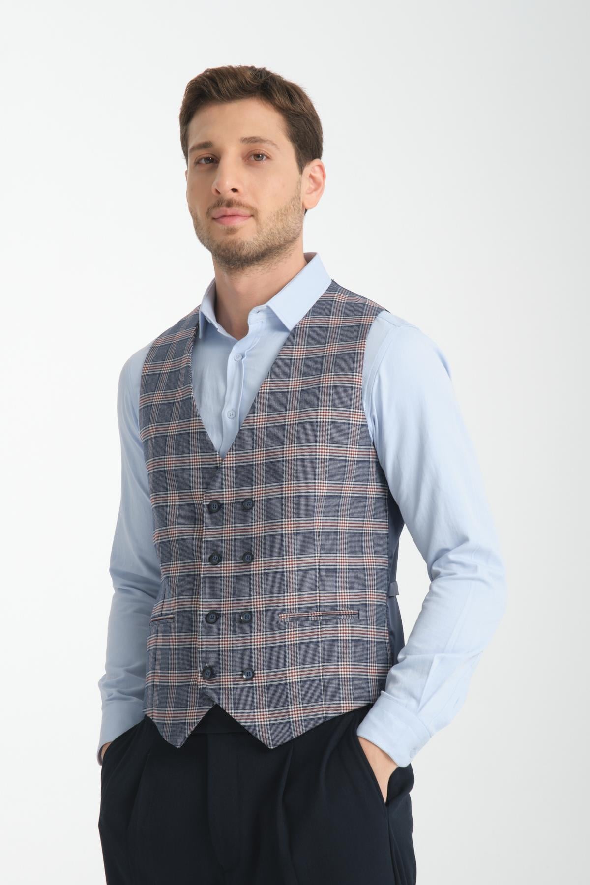 Lacivert-Bordo Ekose Desenli V Yaka Kruvaze Yelek Slim Fit