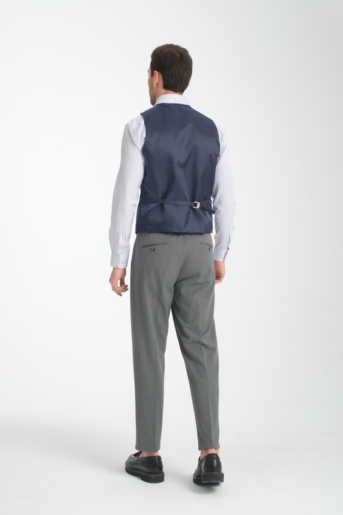 Lacivert Oxford Yakalı Basic Kruvaze V Yaka Slim Fit Yelek