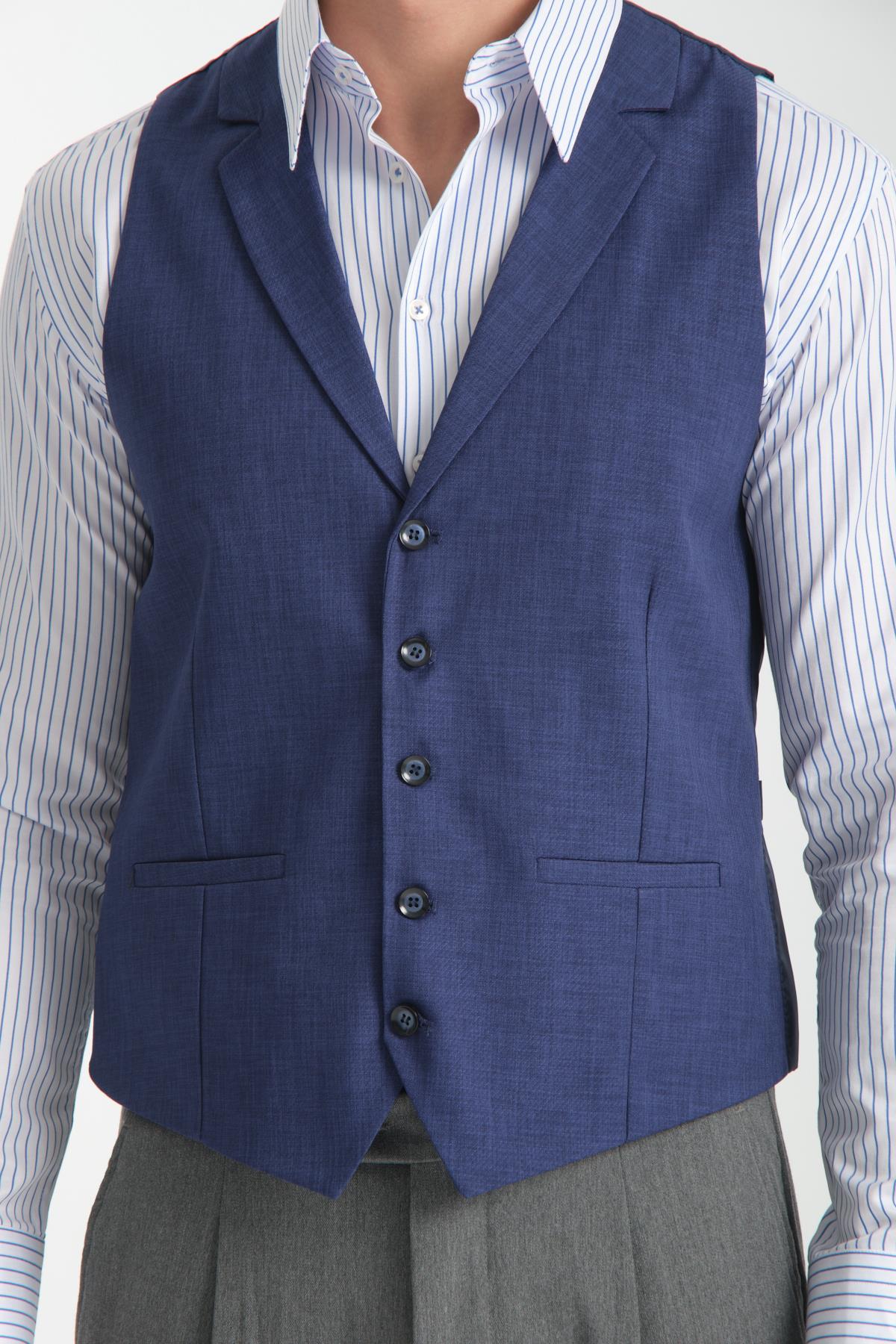 Lacivert Oxford Yakalı Basic Kruvaze V Yaka Slim Fit Yelek