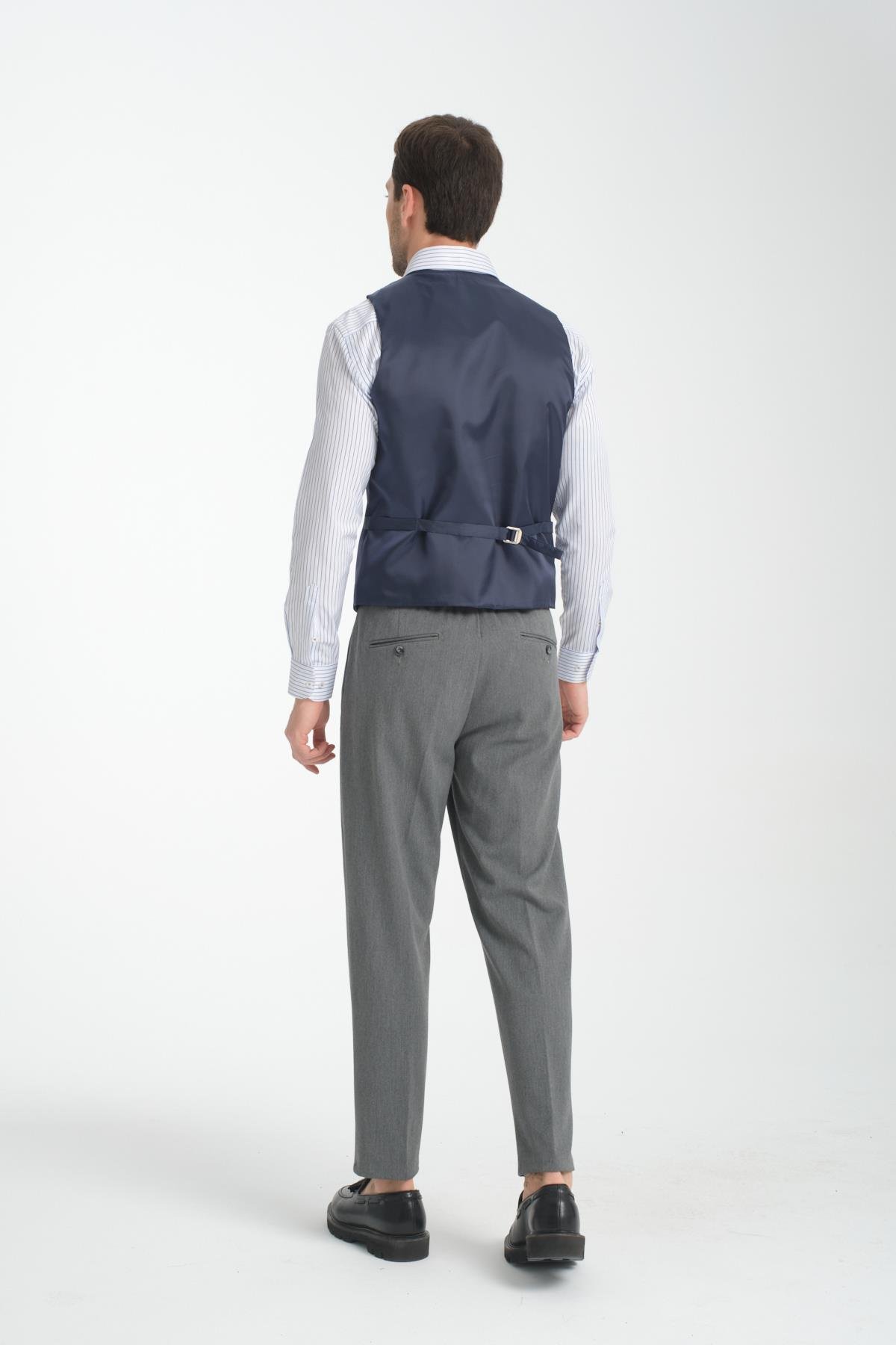Lacivert Oxford Yakalı Basic Kruvaze V Yaka Slim Fit Yelek
