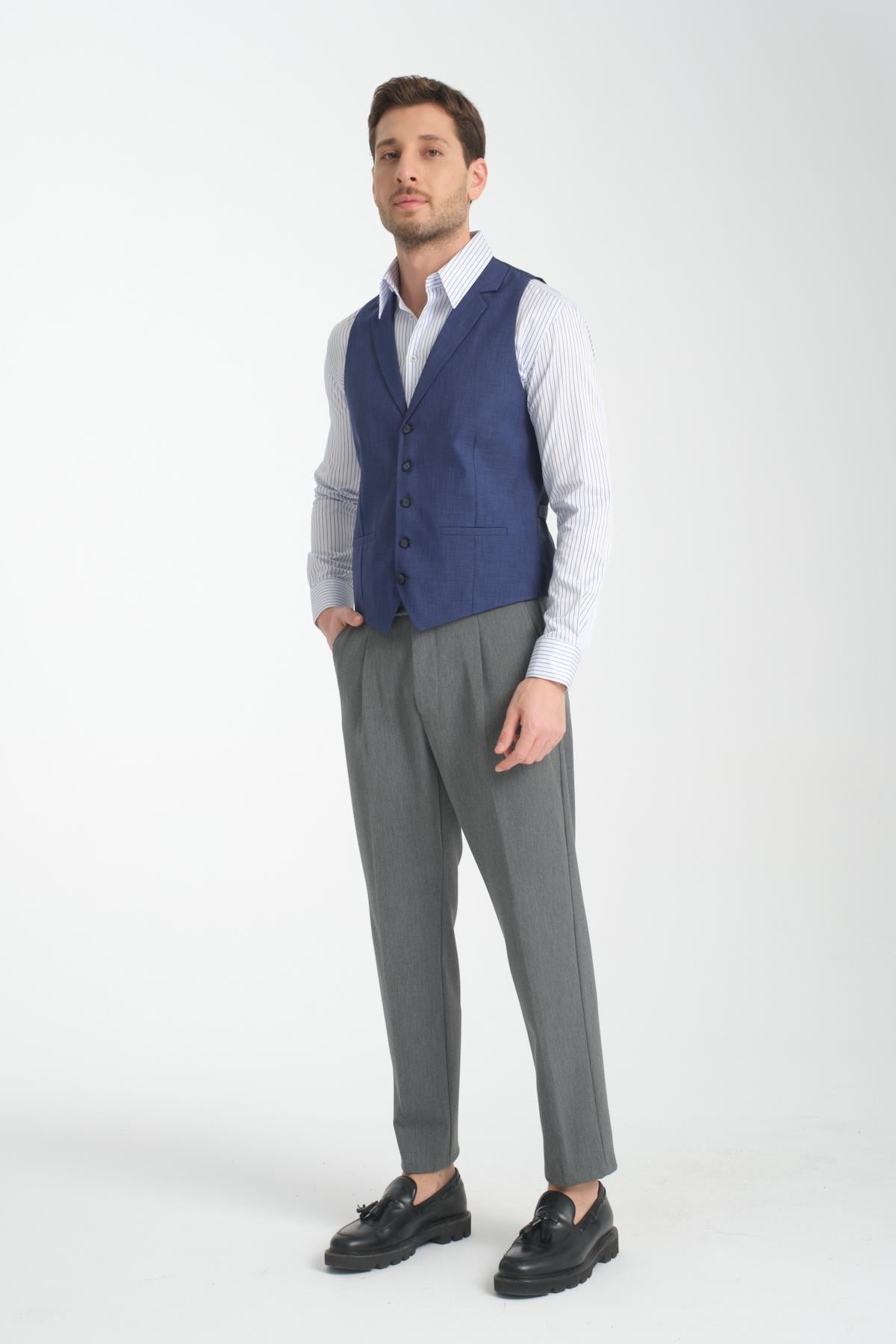 Lacivert Oxford Yakalı Basic Kruvaze V Yaka Slim Fit Yelek