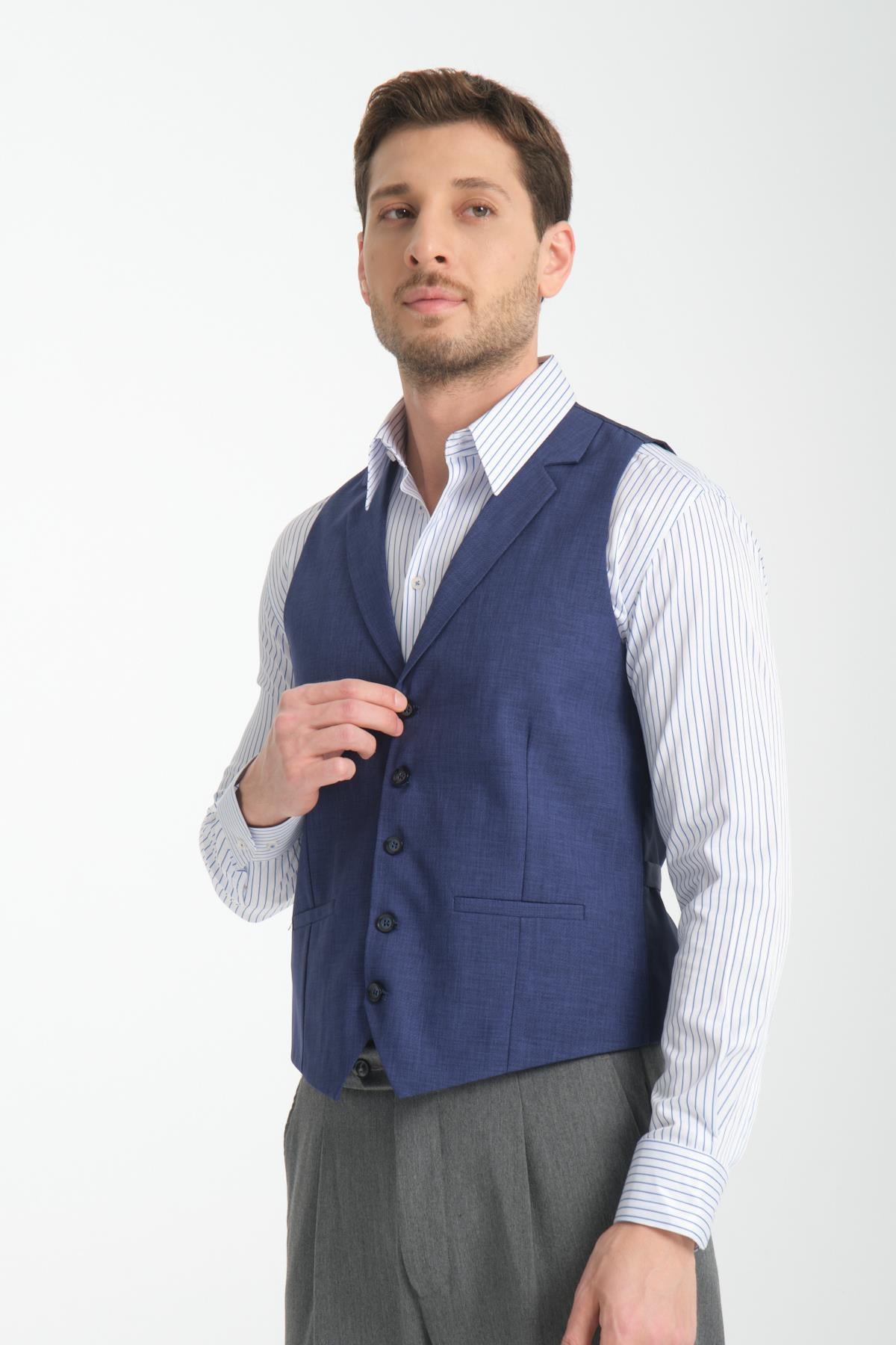 Lacivert Oxford Yakalı Basic Kruvaze V Yaka Slim Fit Yelek