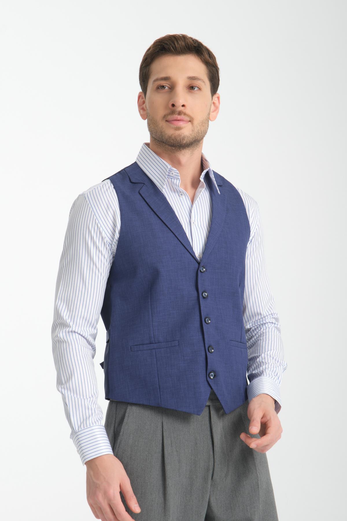 Lacivert Oxford Yakalı Basic Kruvaze V Yaka Slim Fit Yelek