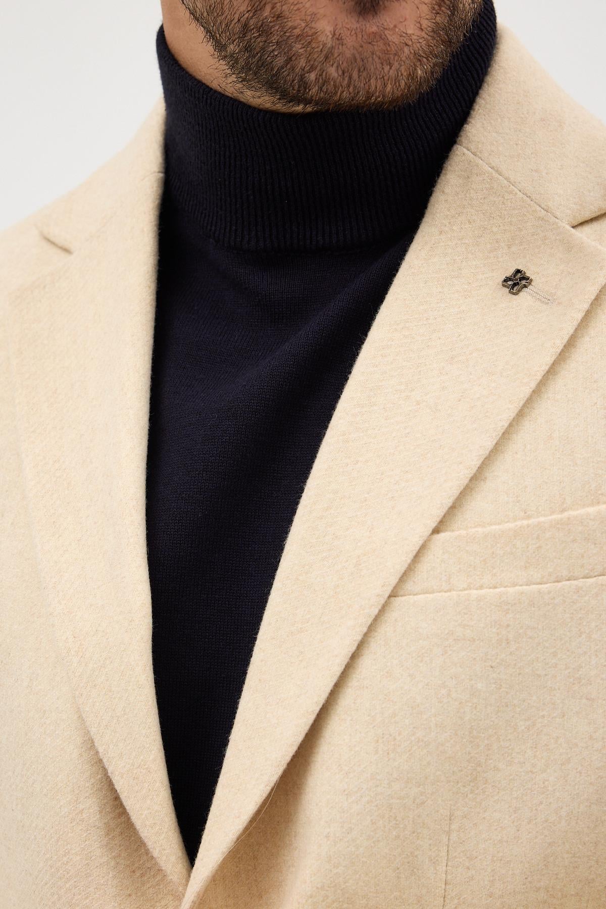 Lanz Erkek Bej Kaşe Kumaşlı Yarım Astar Torba Cepli Mono Yaka Spor Blazer Ceket