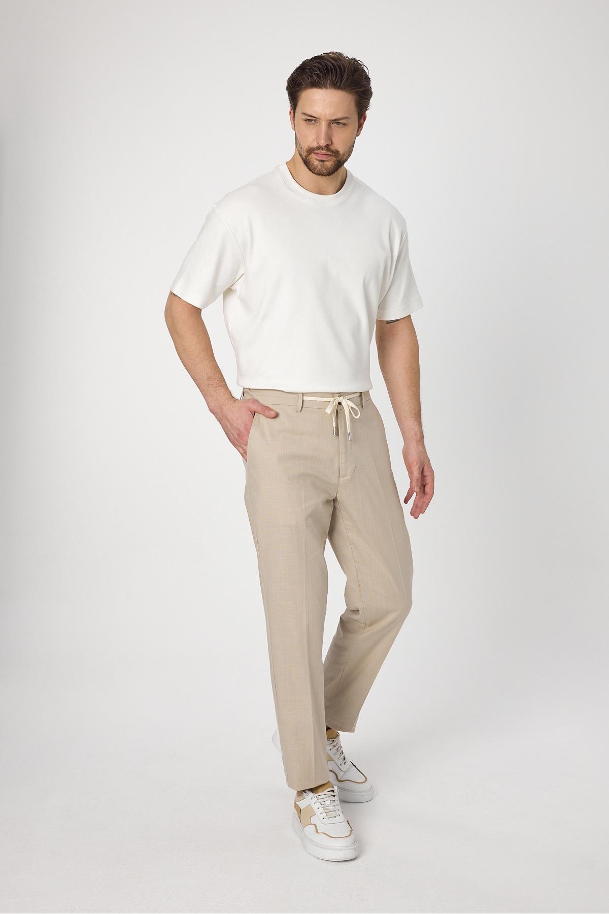 Laupes Erkek Stone Keten Karışımlı Jogger Fit Bağcıklı Yazlık Pantolon