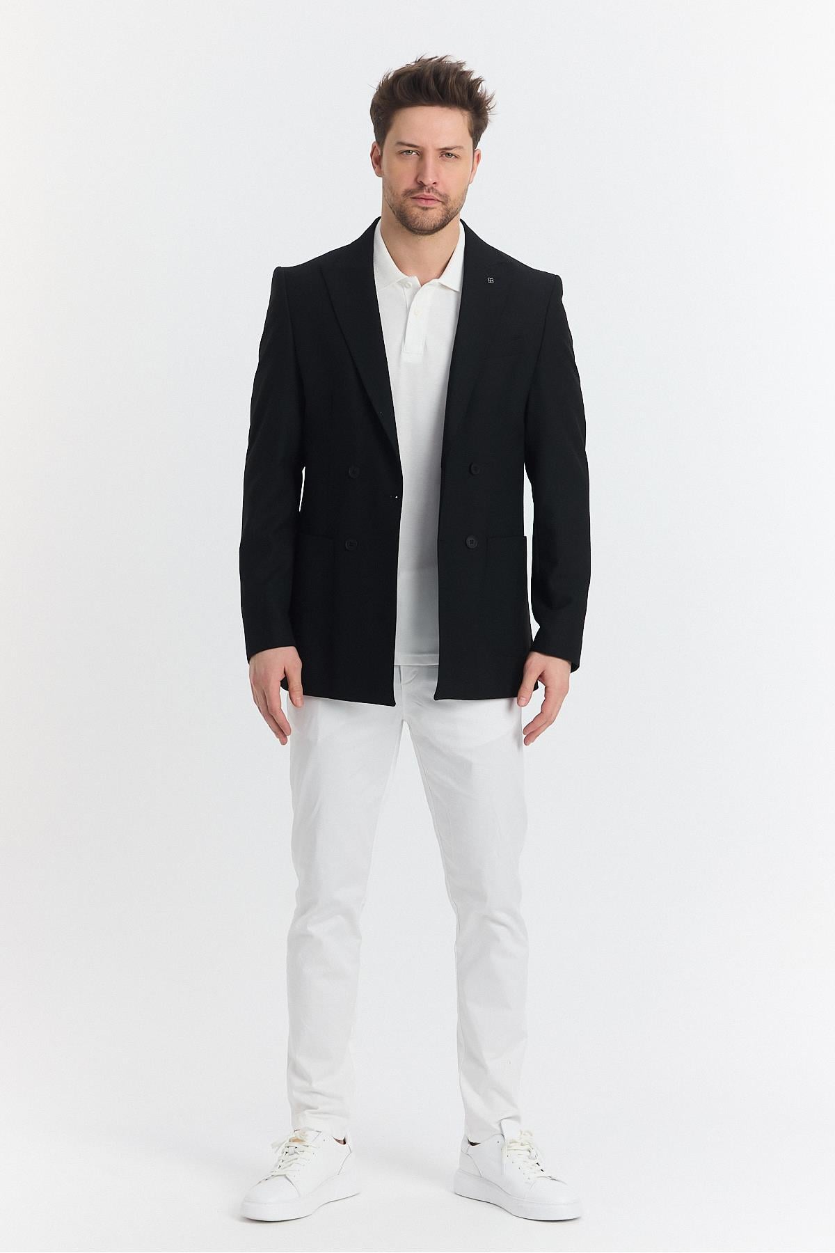 Leons Erkek Koyu Lacivert Kruvaze Torba Cepli Tam Astarlı Slim Fit Likralı Spor Blazer Ceket
