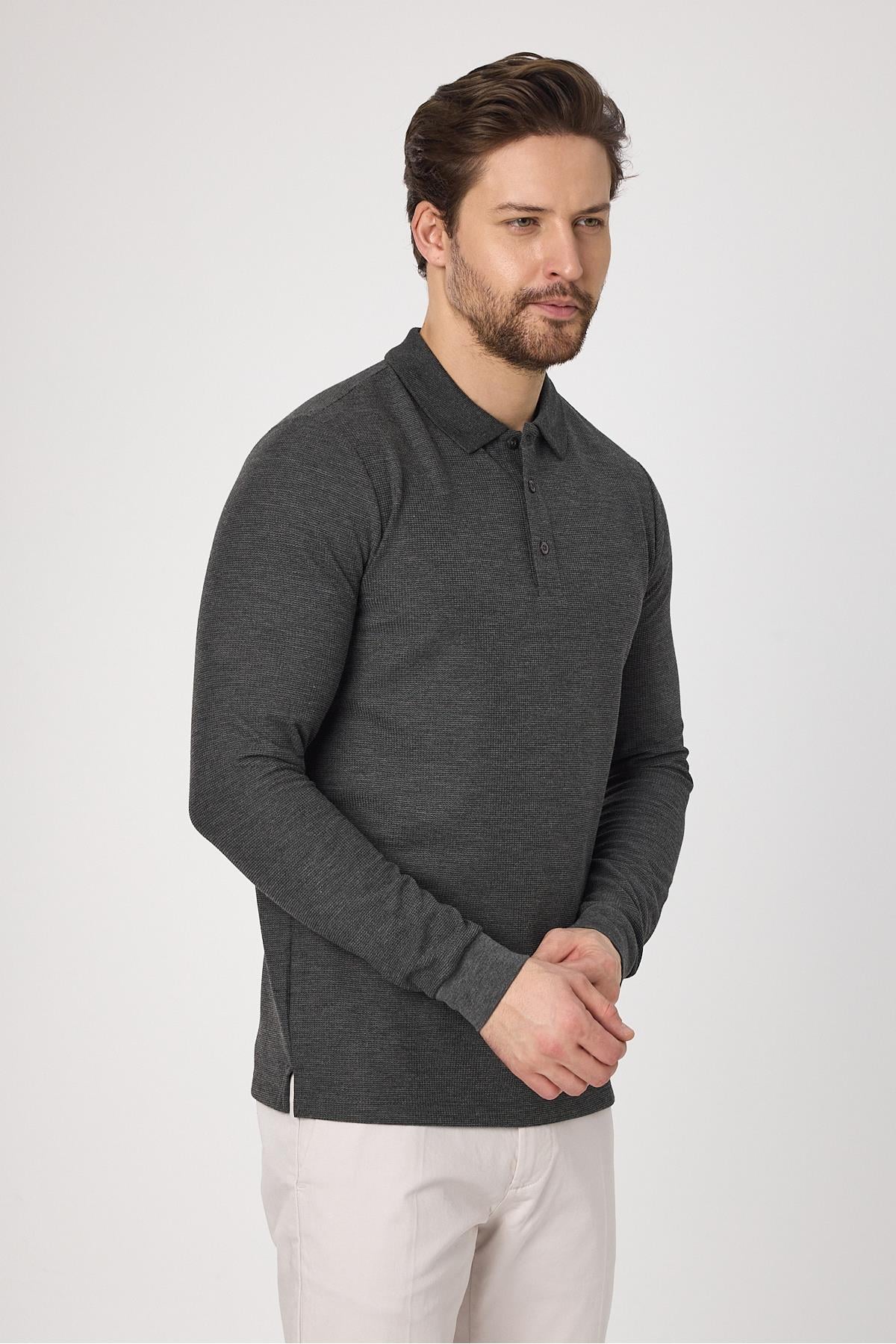 Lewin Erkek Antrasit %100 Pamuk Waffle Çekmeyen Esneyen Kumaş Slim Fit Uzun Kol Polo Tişört