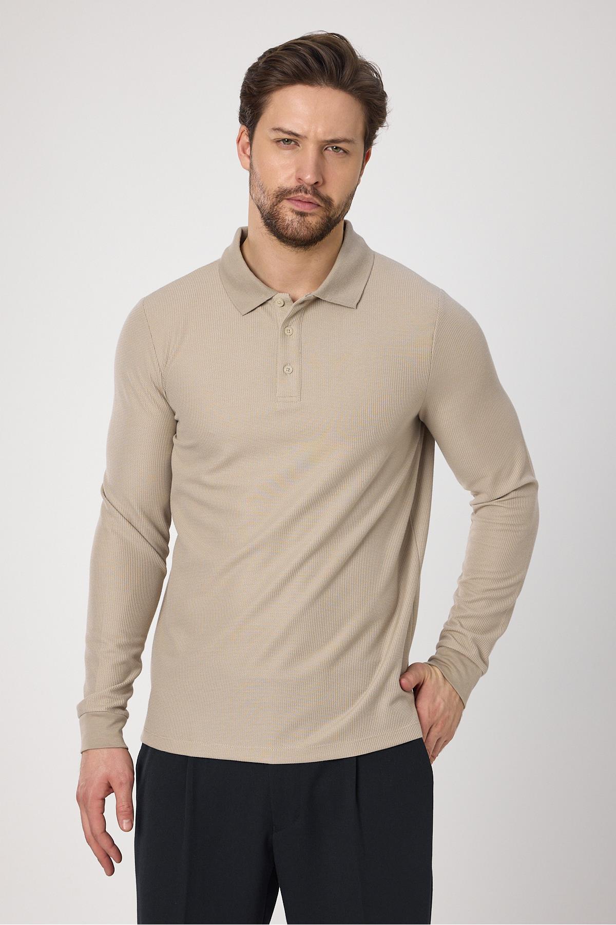 Lewin Erkek Bej %100 Pamuk Waffle Çekmeyen Esneyen Kumaş Slim Fit Uzun Kol Polo Tişört