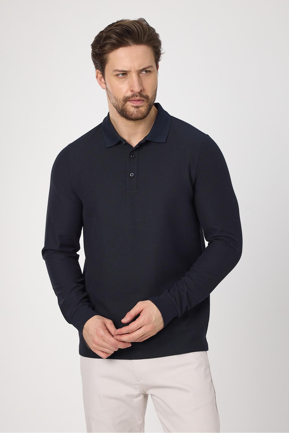 Lewin Erkek Lacivert %100 Pamuk Waffle Çekmeyen Esneyen Kumaş Slim Fit Uzun Kol Polo Tişört