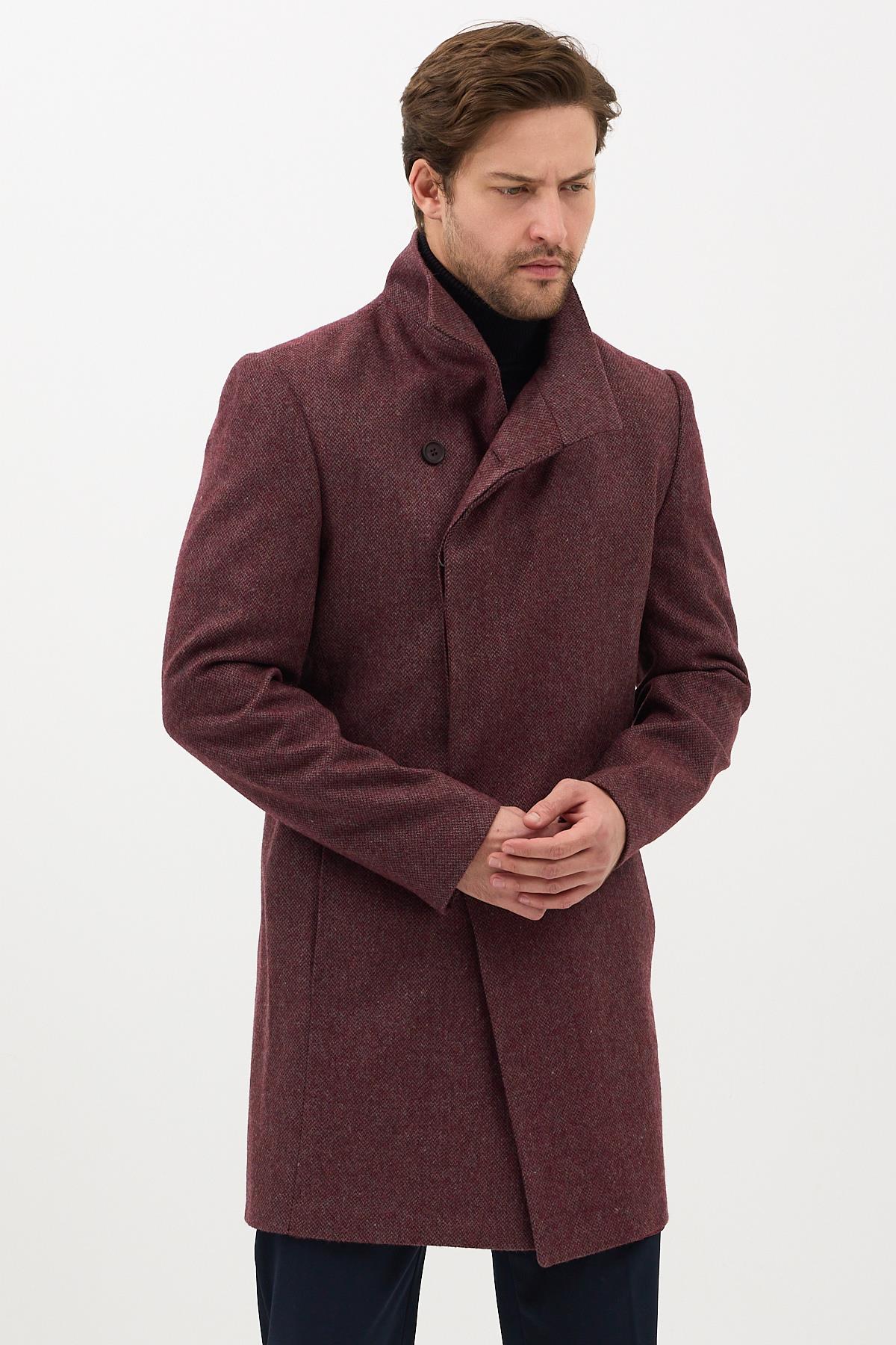 Liberto Erkek Bordo Şal Yaka Slim Fit Kaşe Kaban