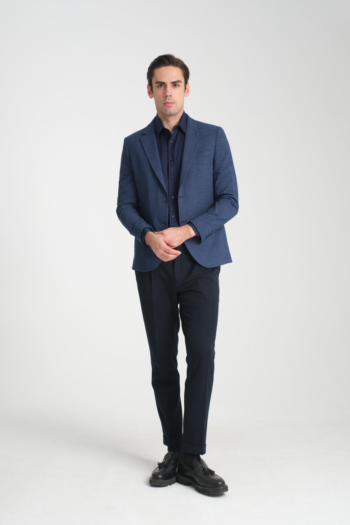 Loreo Erkek Lacivert Poliviskon Kumaş Yarım Astarlı Mono Yaka Slim Fit Spor Blazer Ceket
