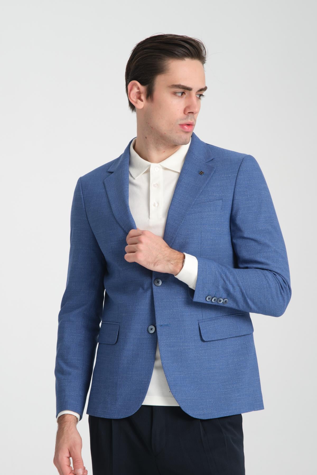 Loreo Erkek Mavi Poliviskon Kumaş Yarım Astarlı Mono Yaka Slim Fit Spor Blazer Ceket