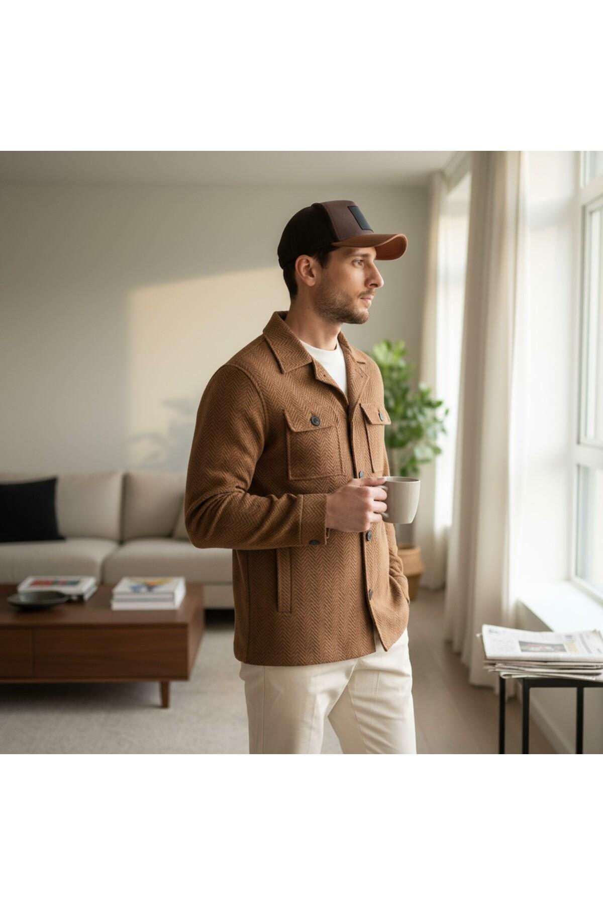 Lores Erkek Hardal Overshirt Esneyen Desenli Kumaş Baharlık Trenç Ceket-Mont