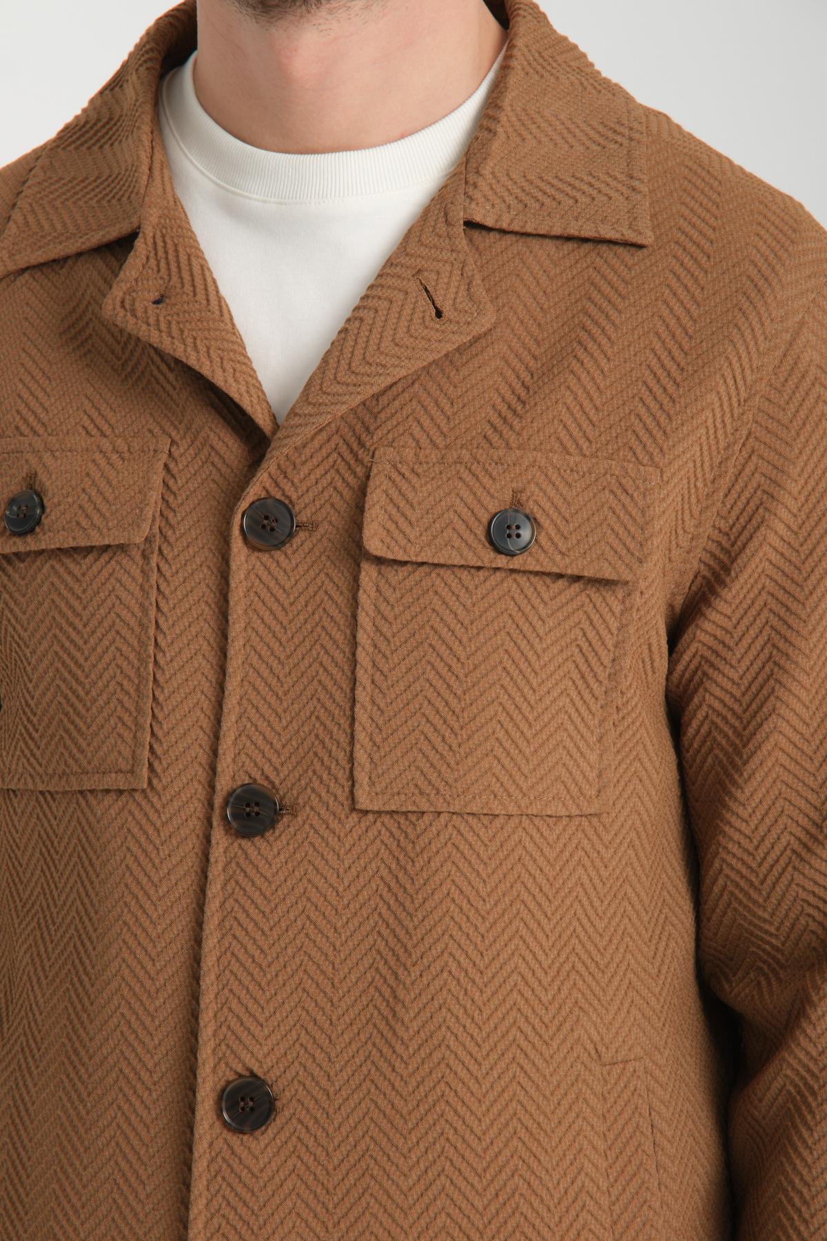 Lores Erkek Hardal Overshirt Esneyen Desenli Kumaş Baharlık Trenç Ceket-Mont