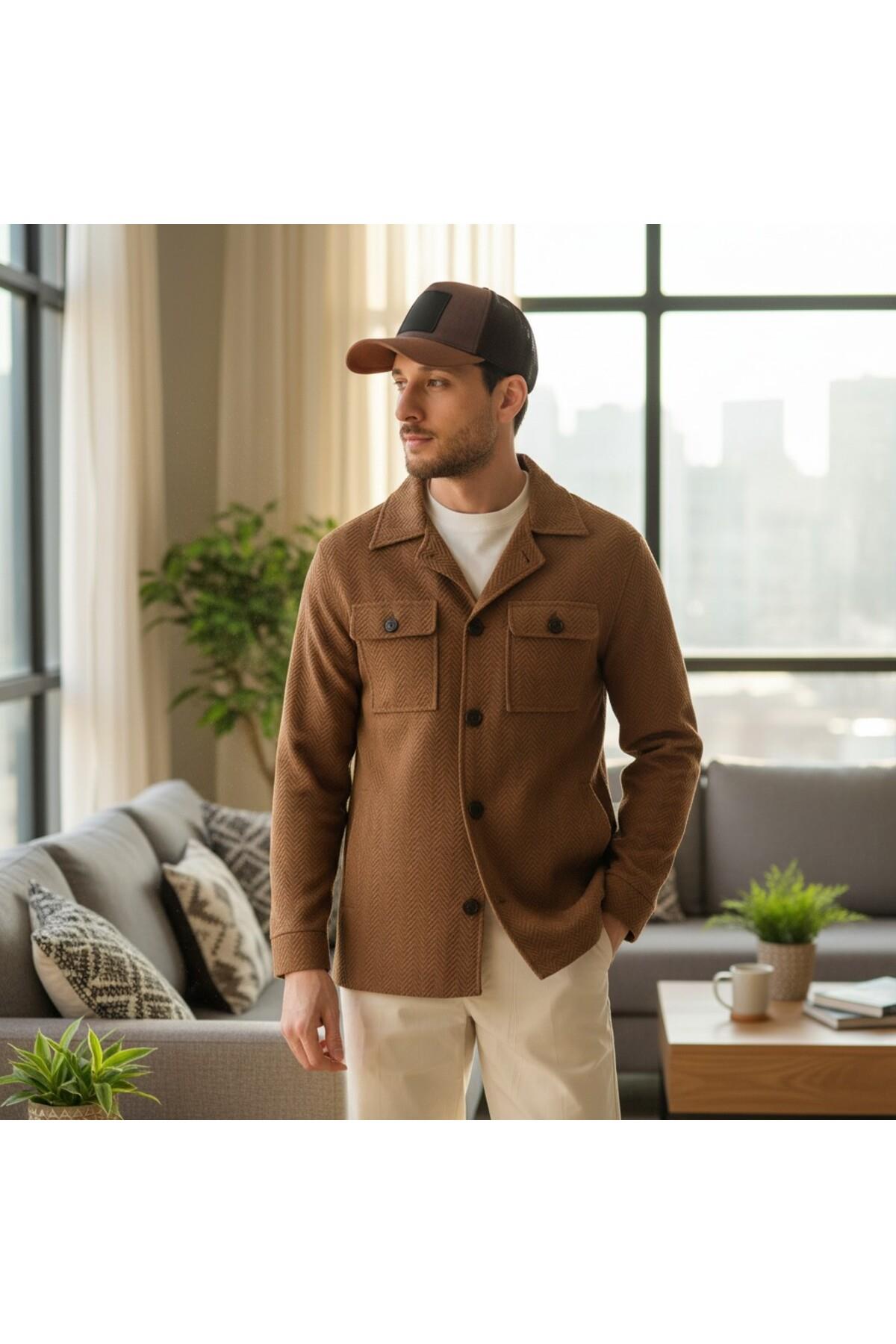Lores Erkek Hardal Overshirt Esneyen Desenli Kumaş Baharlık Trenç Ceket-Mont