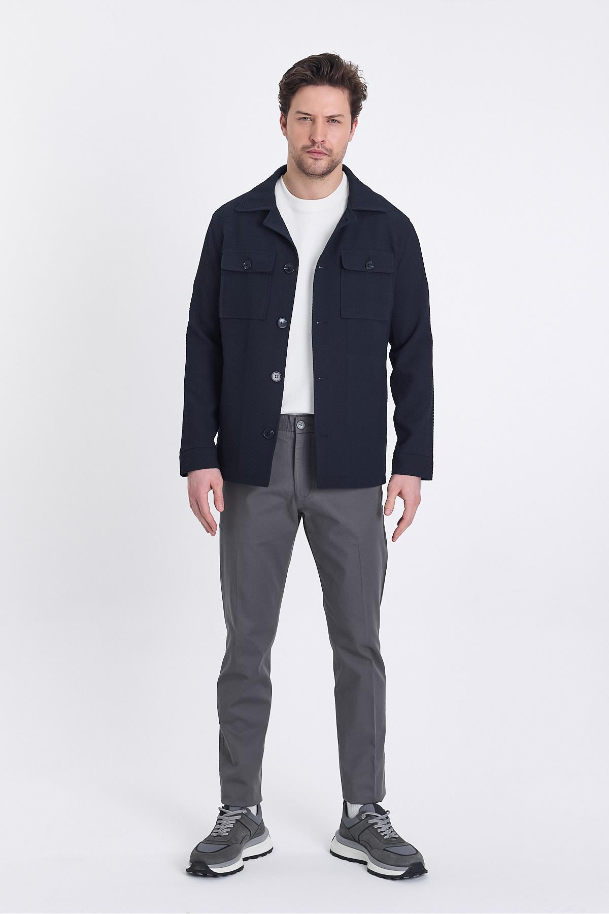 Lores Erkek Koyu Lacivert Overshirt Esneyen Desenli Kumaş Baharlık Trenç Ceket-Mont