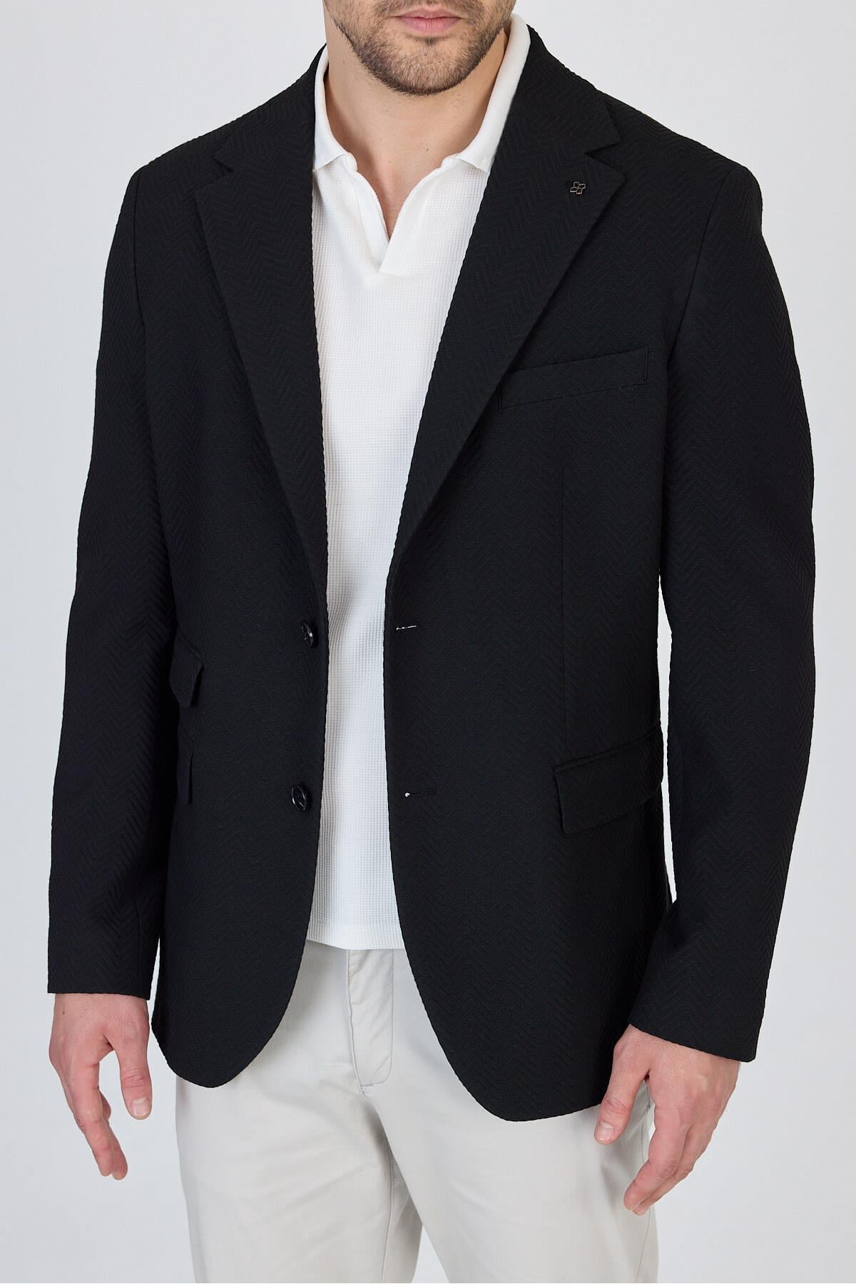 Lores Erkek Siyah Astarsız Soft Balıksırtı Desenli Esneyen Kumaş Likralı Spor Blazer Ceket