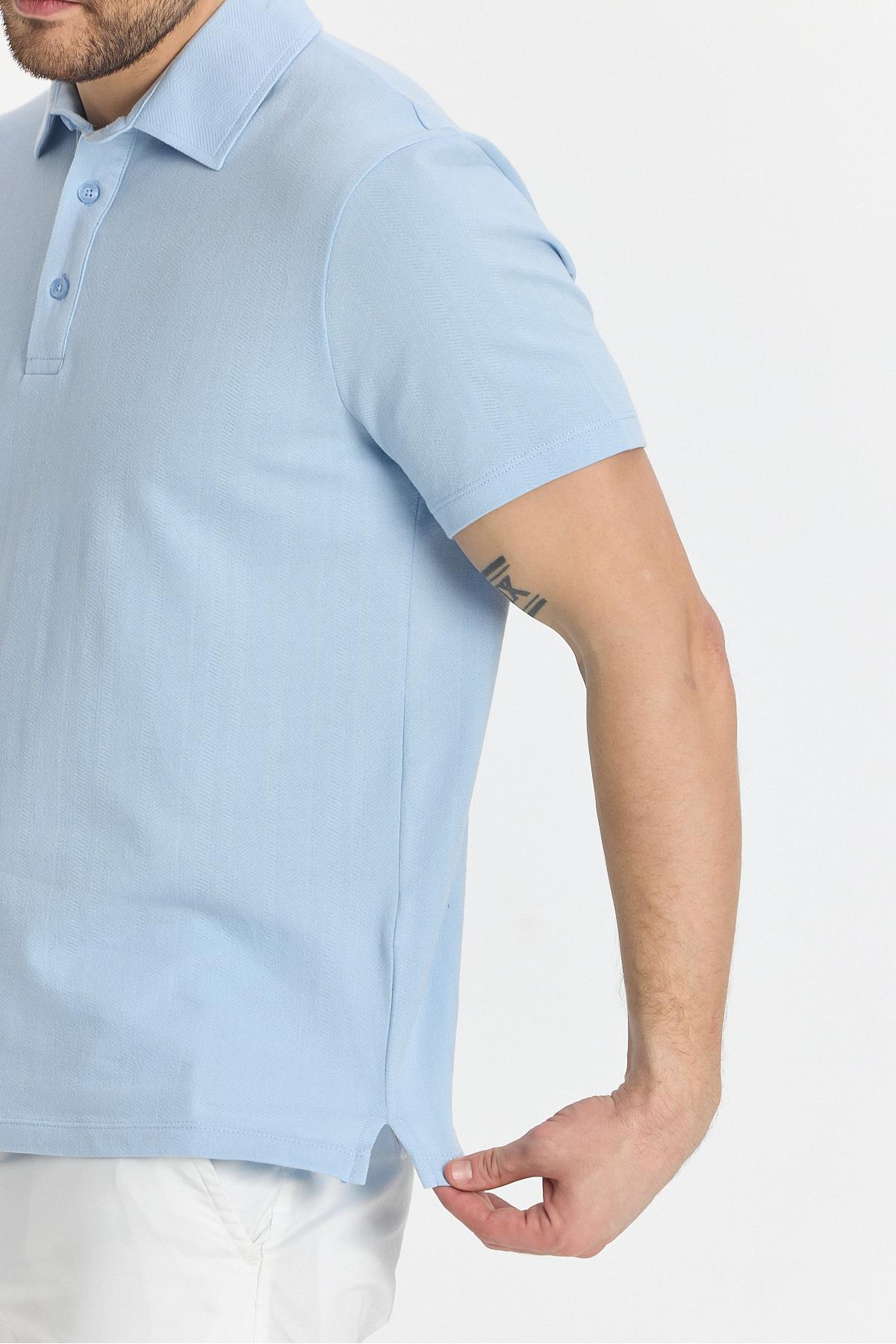 Luceroo Erkek Mavi %100 Pamuk Çekmeyen Kumaş Slim Fit Dar Kesim Polo Yaka Tişört