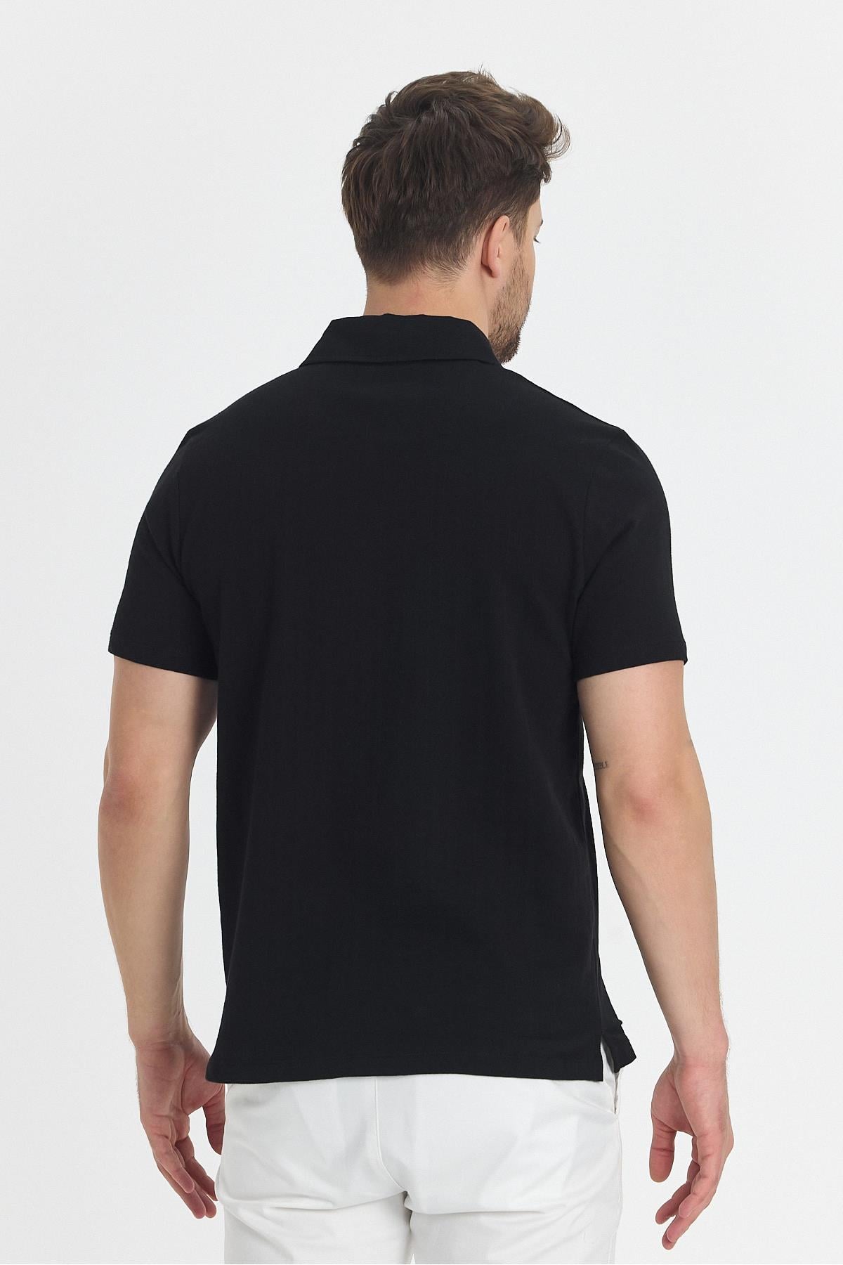 Luceroo Erkek Siyah %100 Pamuk Çekmeyen Kumaş Slim Fit Dar Kesim Polo Yaka Tişört