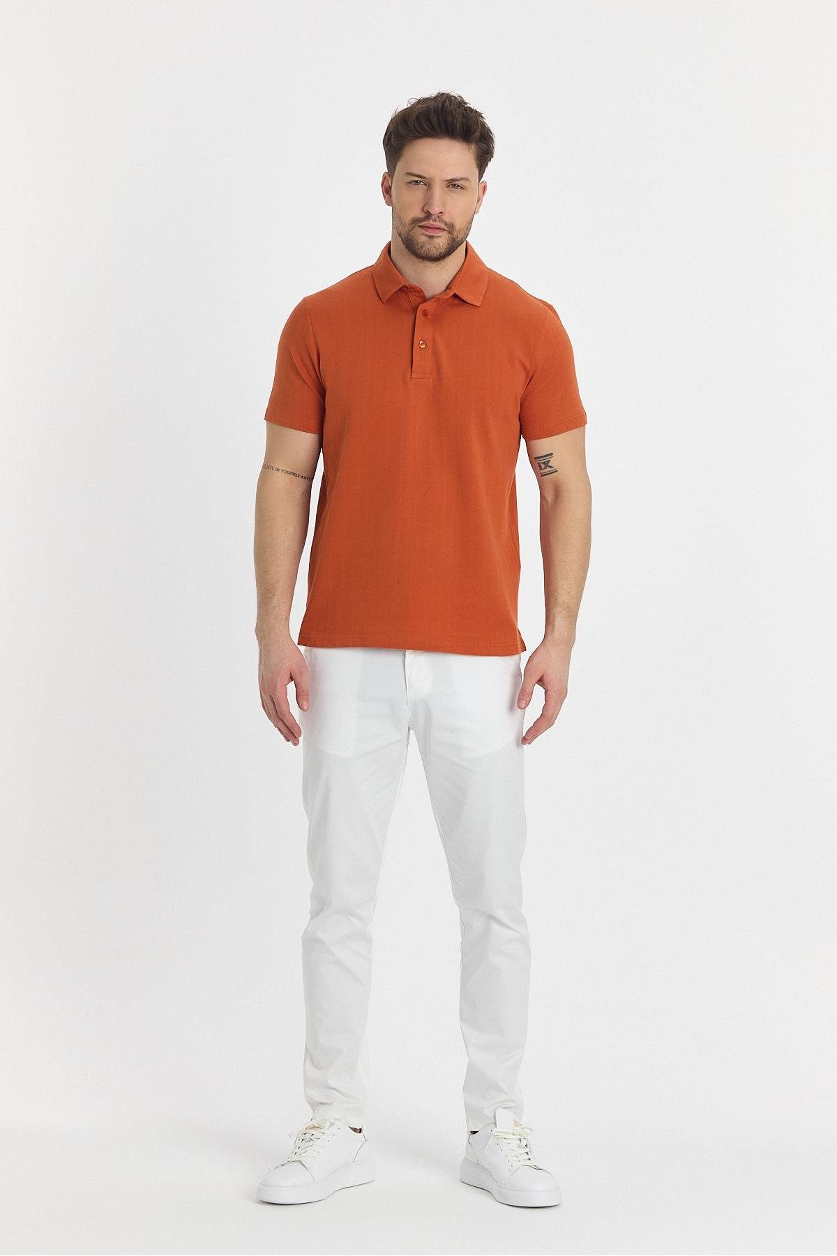 Luceroo Erkek Turuncu %100 Pamuk Çekmeyen Kumaş Slim Fit Dar Kesim Polo Yaka Tişört