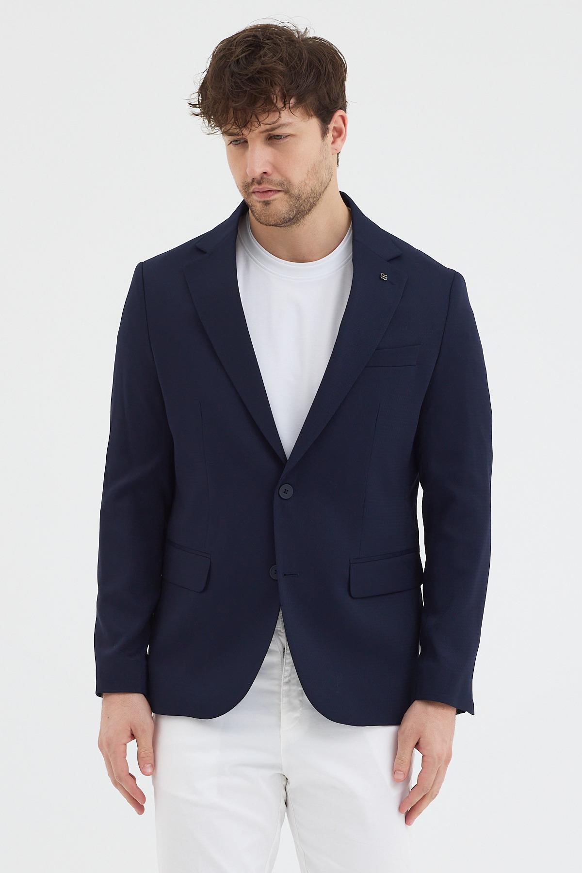 Luciano Erkek Koyu Lacivert Poliviskon Kumaşlı SlimFit Kendinden Mendilli MonoYaka Spor Blazer Ceket