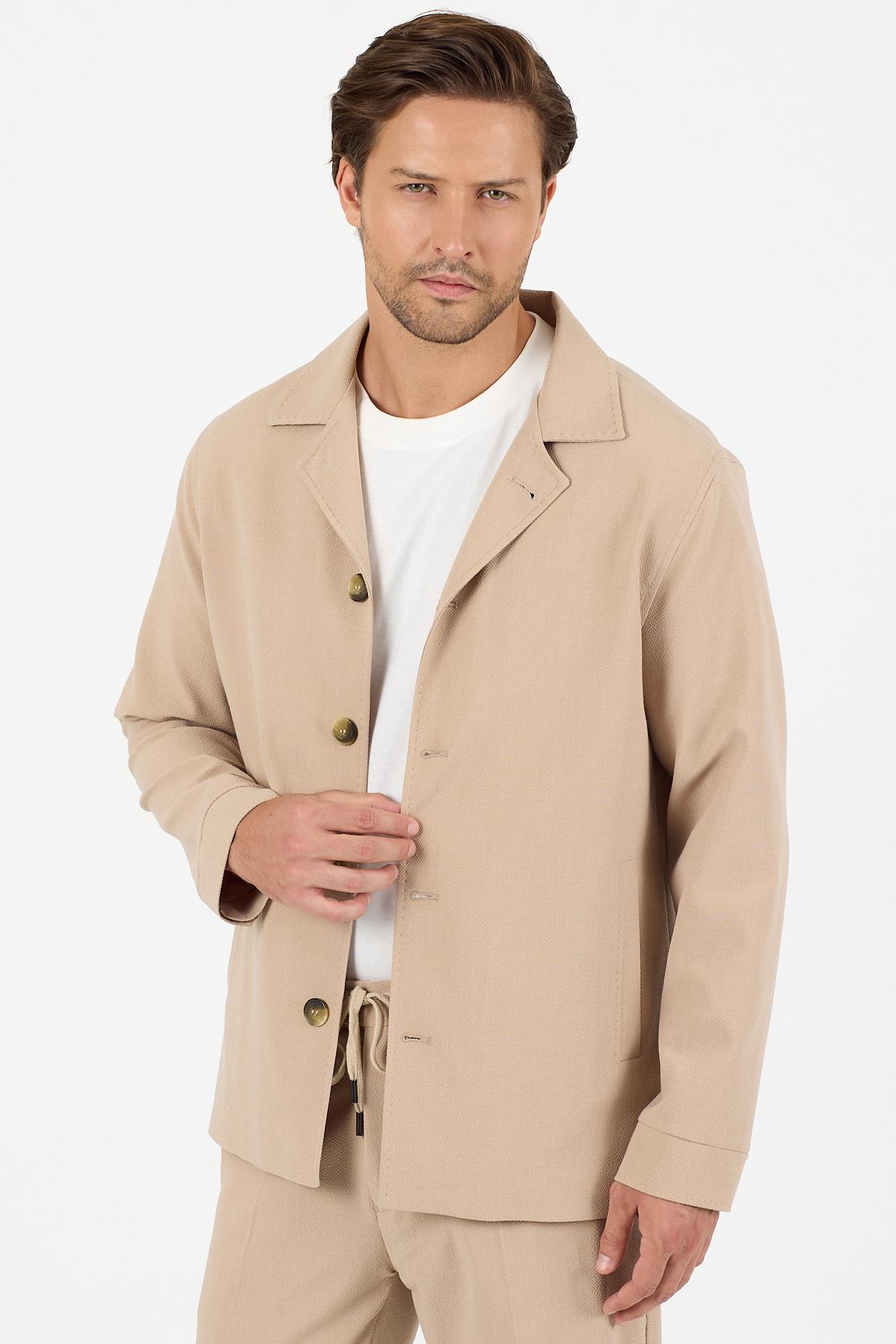Lucos Erkek Bej Likralı Esneyen Kumaş 2'li Overshirt Ceket+Jogger Lastikli Pantolon