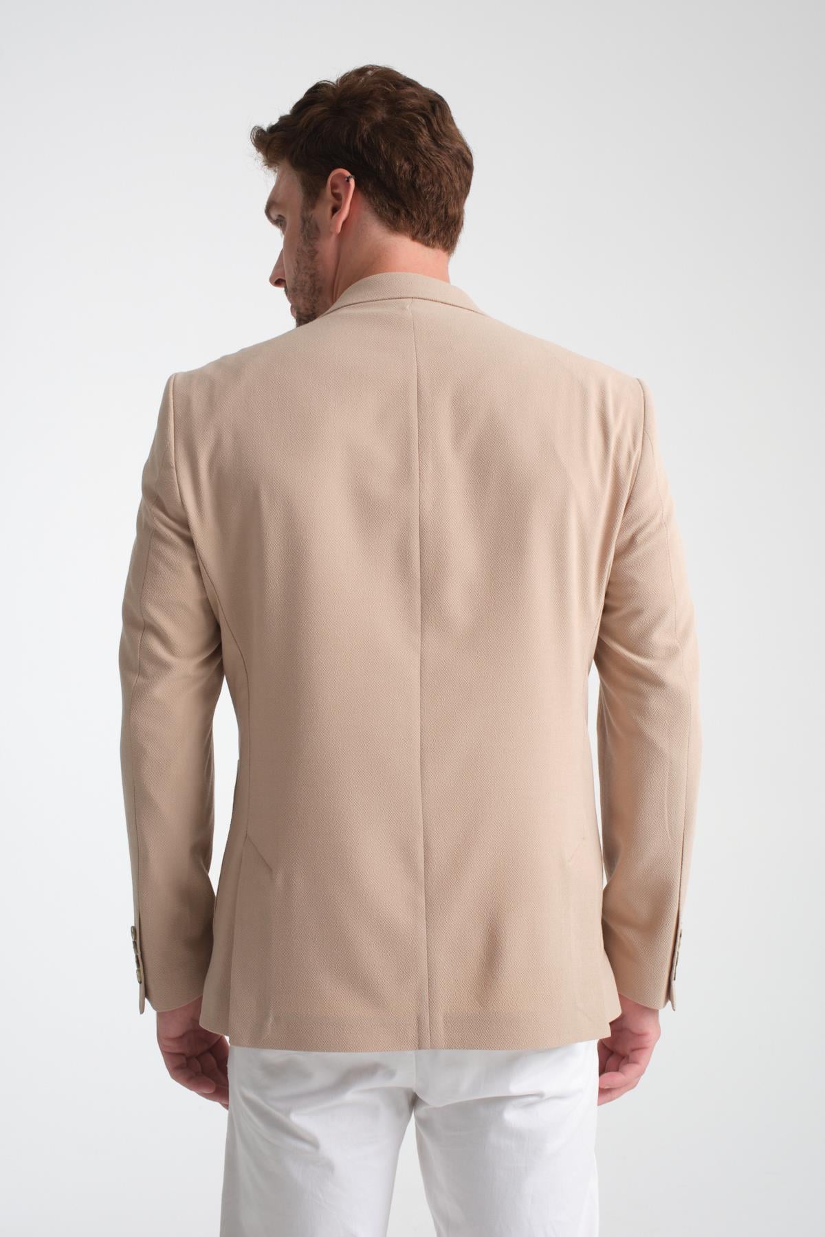 Lucos Erkek Bej Yarım Astar Torba Cep Likralı Gofre Kumaşlı Spor Blazer Ceket