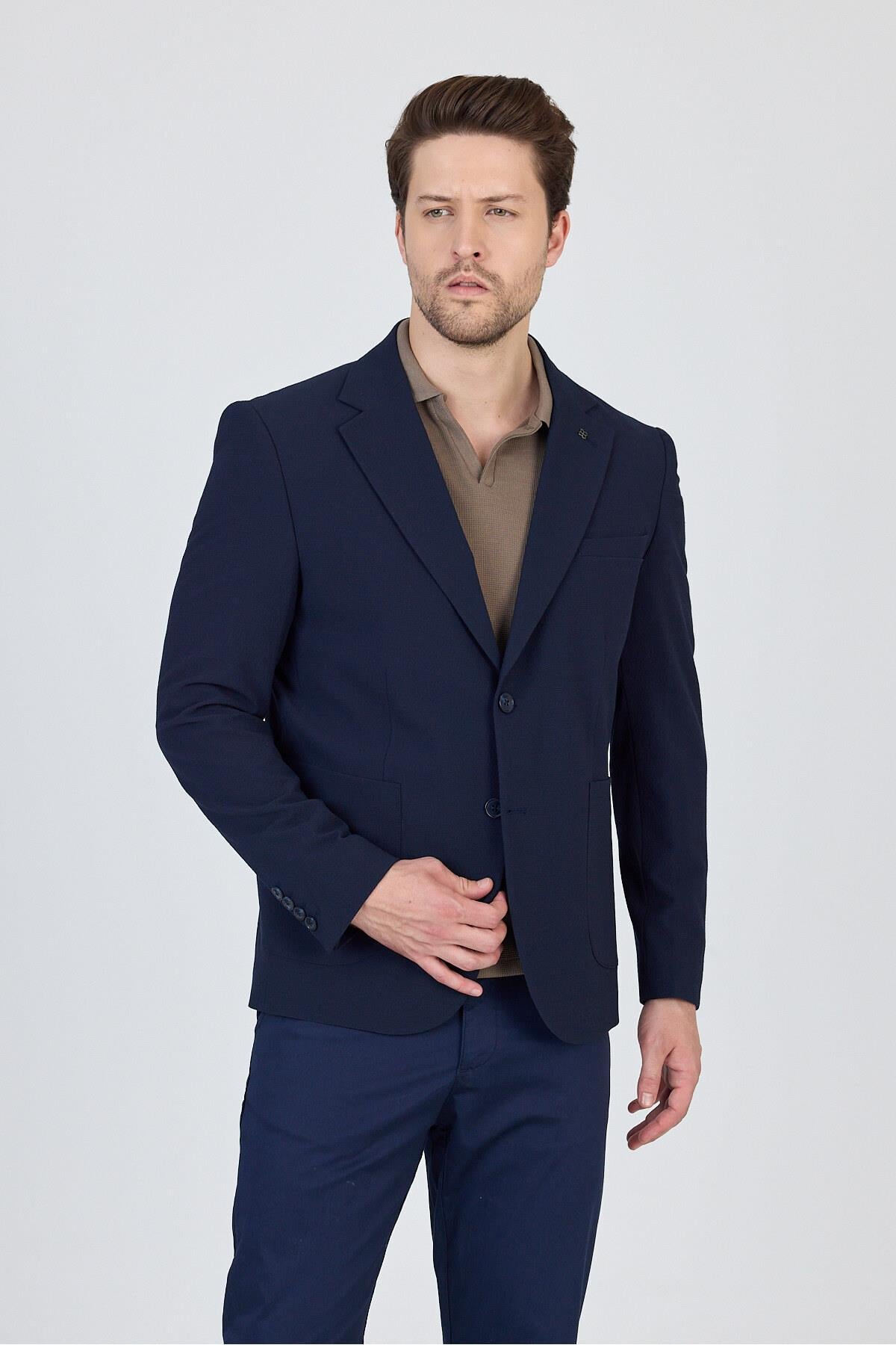 Lucos Erkek Lacivert Yarım Astar Torba Cep Likralı Gofre Kumaşlı Spor Blazer Ceket