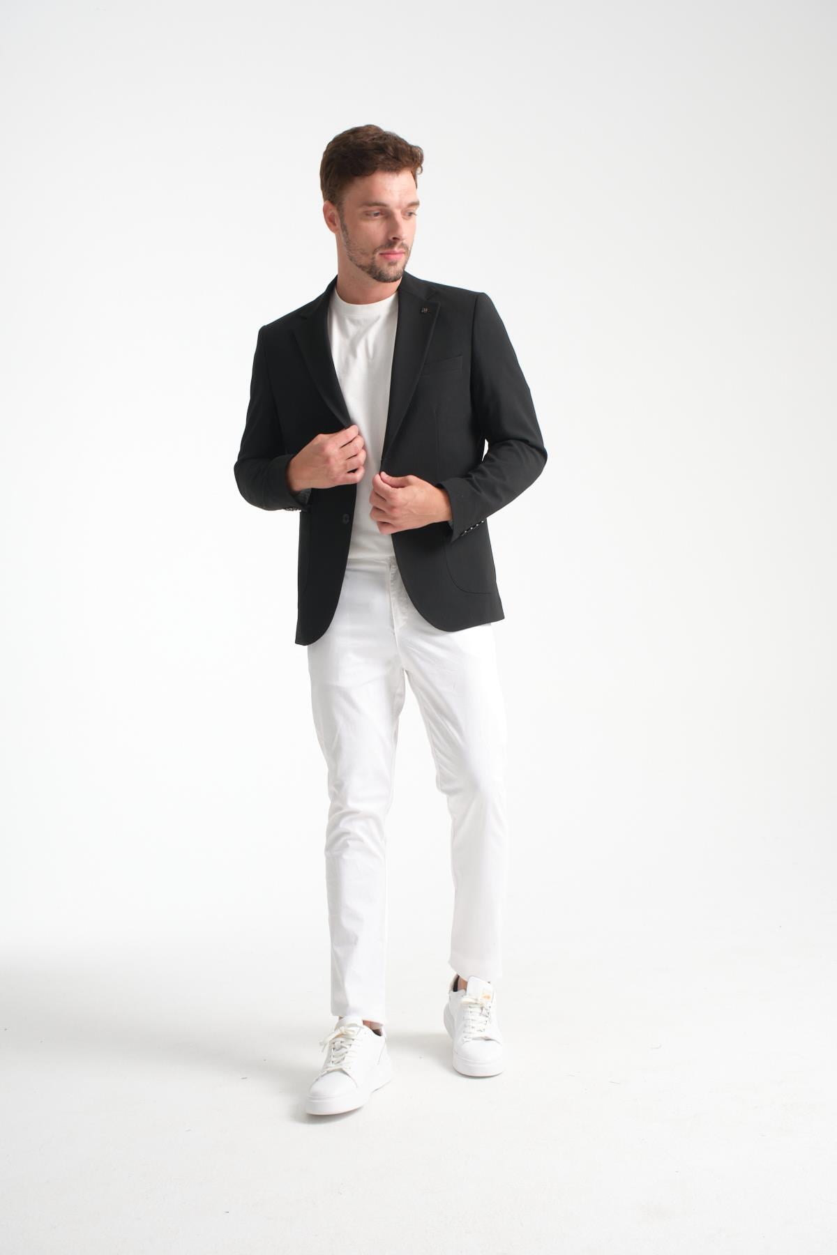 Lucos Erkek Siyah Yarım Astar Torba Cep Likralı Gofre Kumaşlı Spor Blazer Ceket