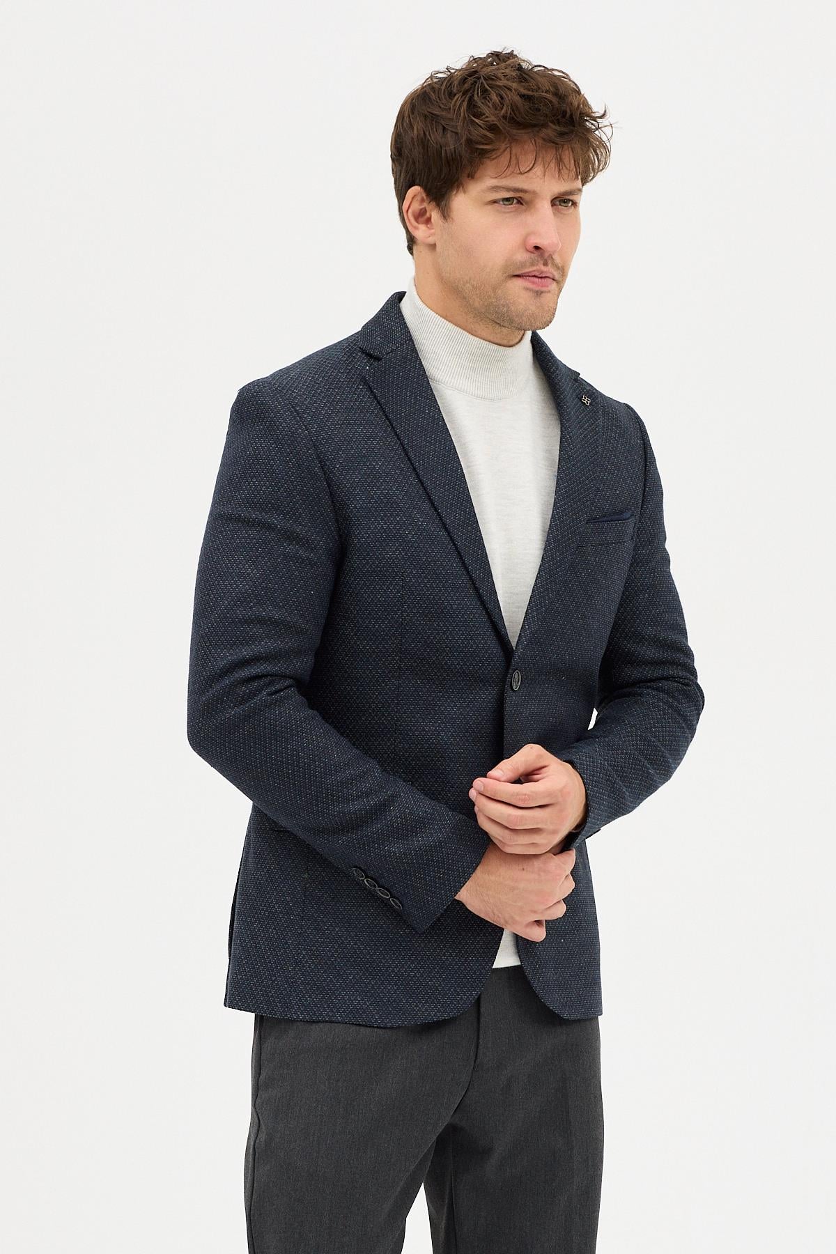 Luduno Erkek Antrasit Kalın Mono Yaka Slim Fit Casual Blazer Ceket