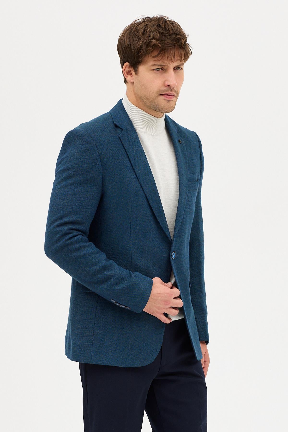 Luduno Erkek Haki Kalın Mono Yaka Slim Fit Casual Blazer Ceket