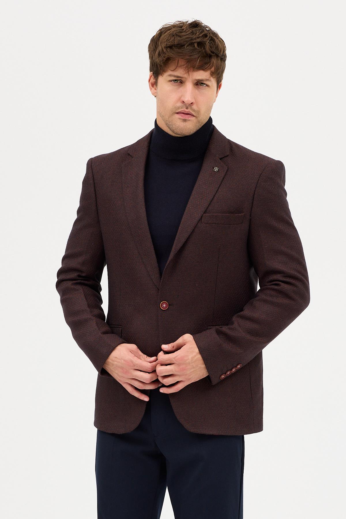 Luduno Erkek Kahve Kalın Mono Yaka Slim Fit Casual Blazer Ceket