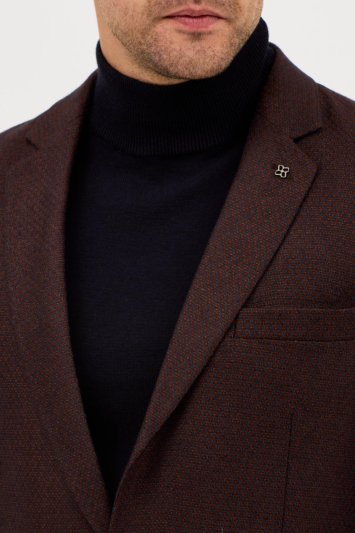 Luduno Erkek Kahve Kalın Mono Yaka Slim Fit Casual Blazer Ceket